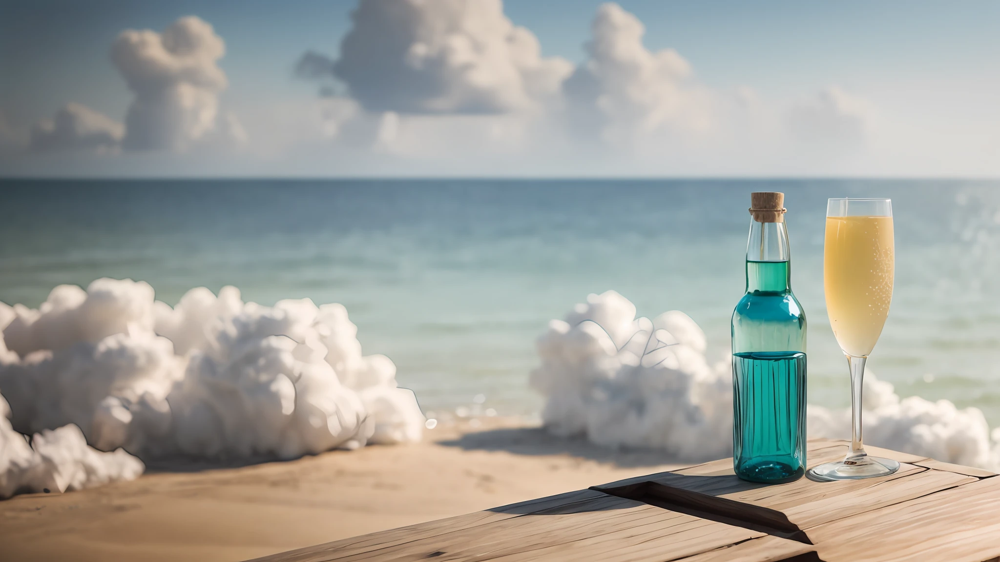 white colors,Dark brown glass bottle,amarelo,great weather,summer day,Relaxed,warm,with blue sky and white clouds, The background is the sea, Depth of field, Ray tracing, hyper HD, ccurate, High details, Textured skin, High quality, Best quality, A high resolution, Award-Awarded, Anatomically correct, 巨作