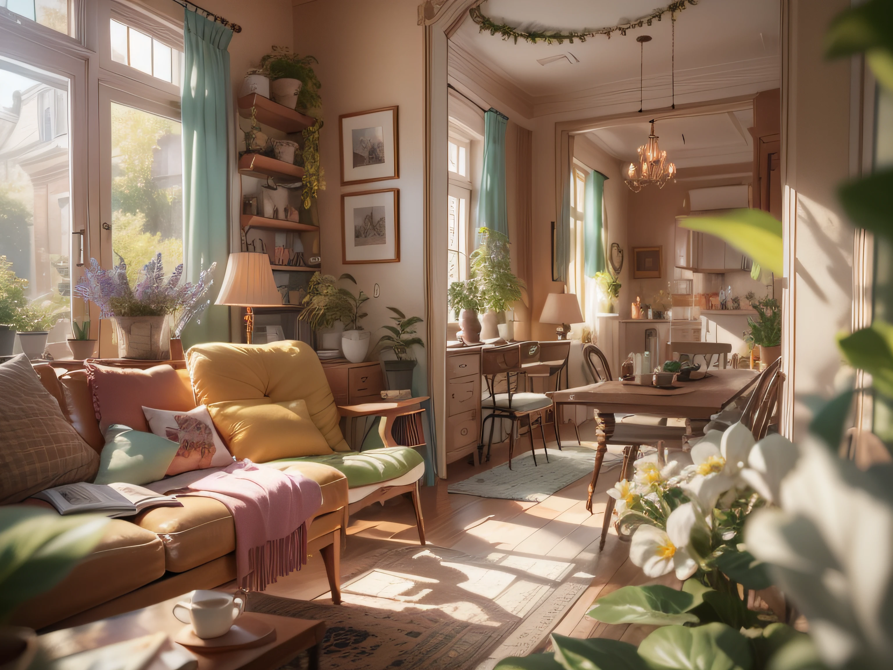 High-detail RAW color photography, Modern living room in the style of Provence, (higly detailed, hyper-detailing, Entanglement), (lens glare: 0,7), (bloom: 0,7), particle fx, ray traced, 电影灯光, Shallow depth of field, photographed with Sony a9 II, 50mm wide angle lens, sharp-focus