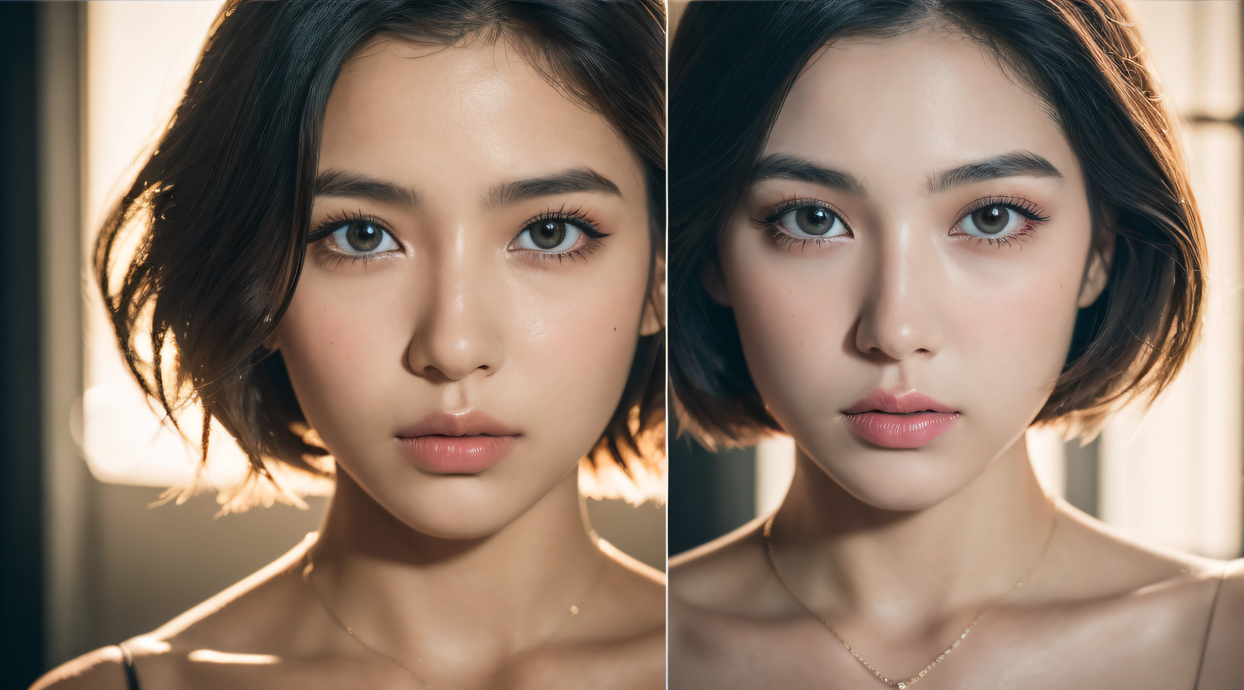 RAW photo, a 18-year-old-girl, (1girl), (realistic), (photo-realistic:1.5), lipstick, (freckles:0.5), (short hair), necklace, (RAW photo, 8k uhd, film grain), Sharp Eyeliner, Blush Eyeshadow With Thick Eyelashes, extremely delicate and beautiful, 8k, soft lighting, high quality, highres, sharp focus, extremely detailed, during the day, (sunlight on face), beautiful detailed eyes, extremely detailed eyes and face, masterpiece, cinematic lighting, (high detailed skin:1.2), 8k uhd, dslr, soft lighting, high quality, film grain, Fujifilm XT3