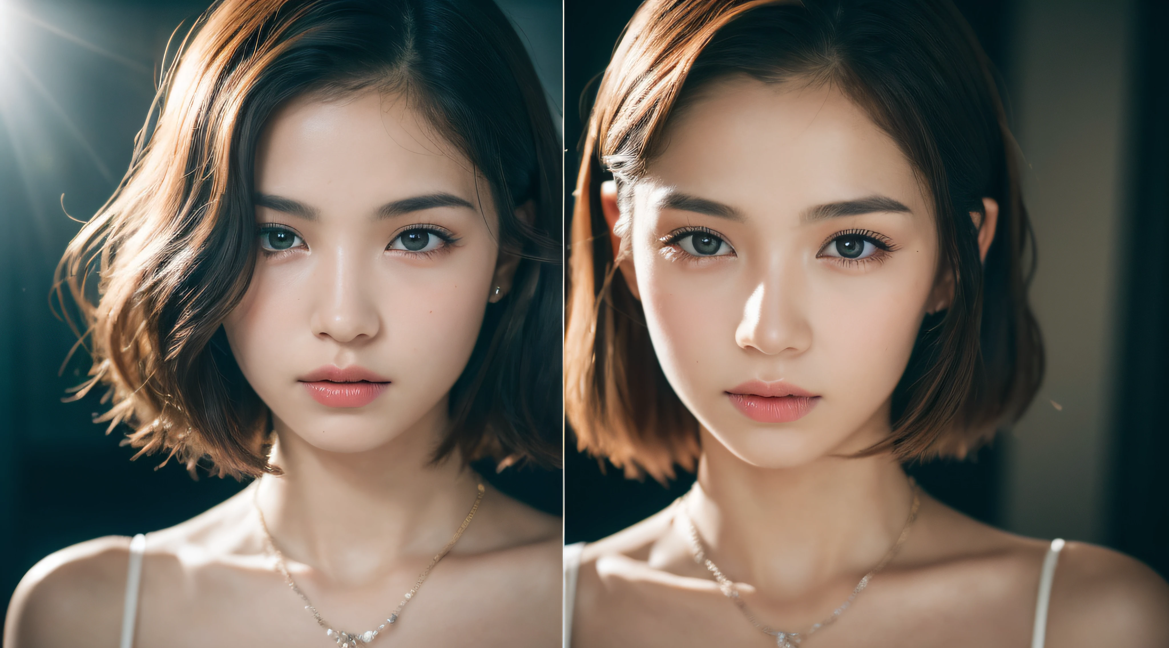 RAW photo, a 18-year-old-girl, (1girl), (realistic), (photo-realistic:1.5), lipstick, (freckles:0.5), (short hair), necklace, (RAW photo, 8k uhd, film grain), Sharp Eyeliner, Blush Eyeshadow With Thick Eyelashes, extremely delicate and beautiful, 8k, soft lighting, high quality, highres, sharp focus, extremely detailed, during the day, (sunlight on face), beautiful detailed eyes, extremely detailed eyes and face, masterpiece, cinematic lighting, (high detailed skin:1.2), 8k uhd, dslr, soft lighting, high quality, film grain, Fujifilm XT3