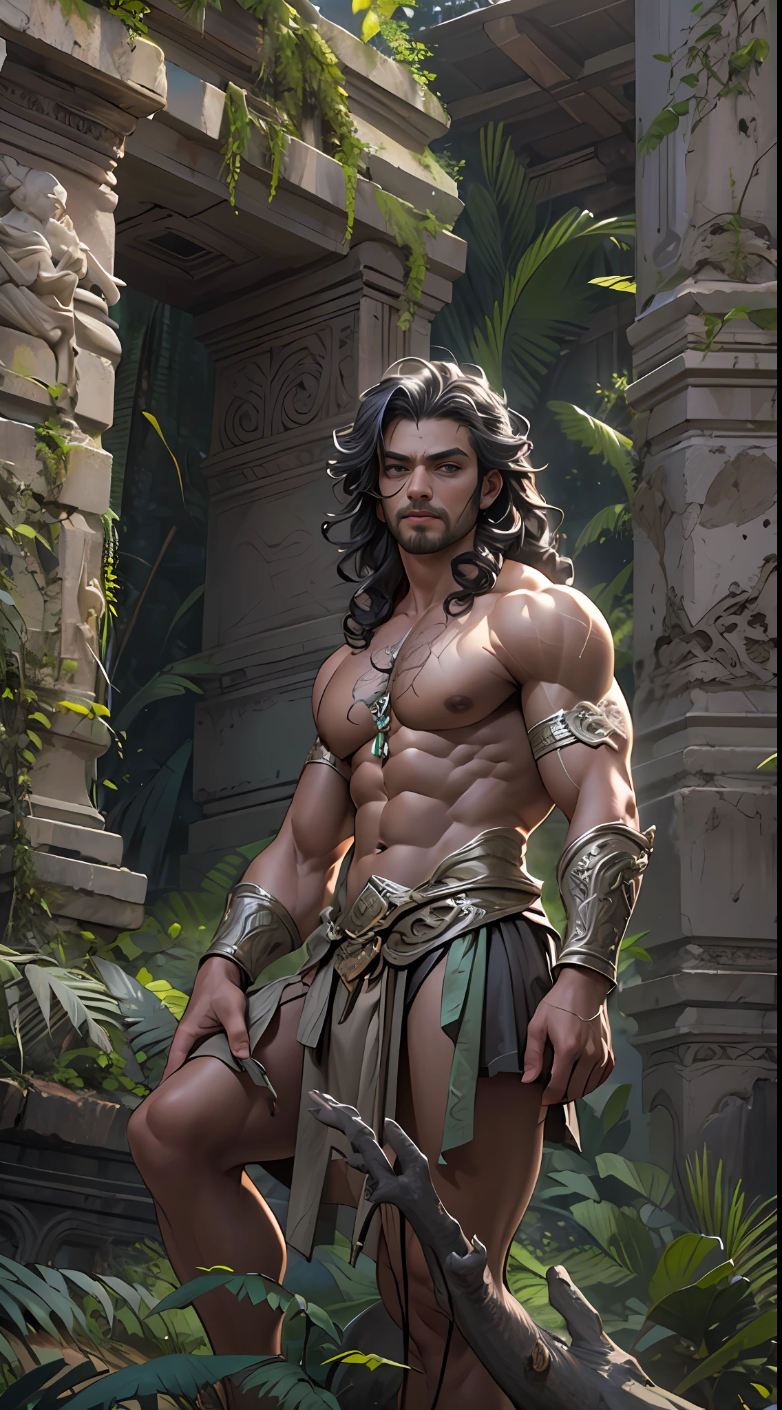 Sculpted warrior, exposed upper torso, legs bared from thighs to feet, flowing long curls, intricate muscular details, photorealistic depiction, 4K resolution. Background: Ancient temple ruins in a lush jungle,32k uhd, best quality, masterpiece, super detail, high details