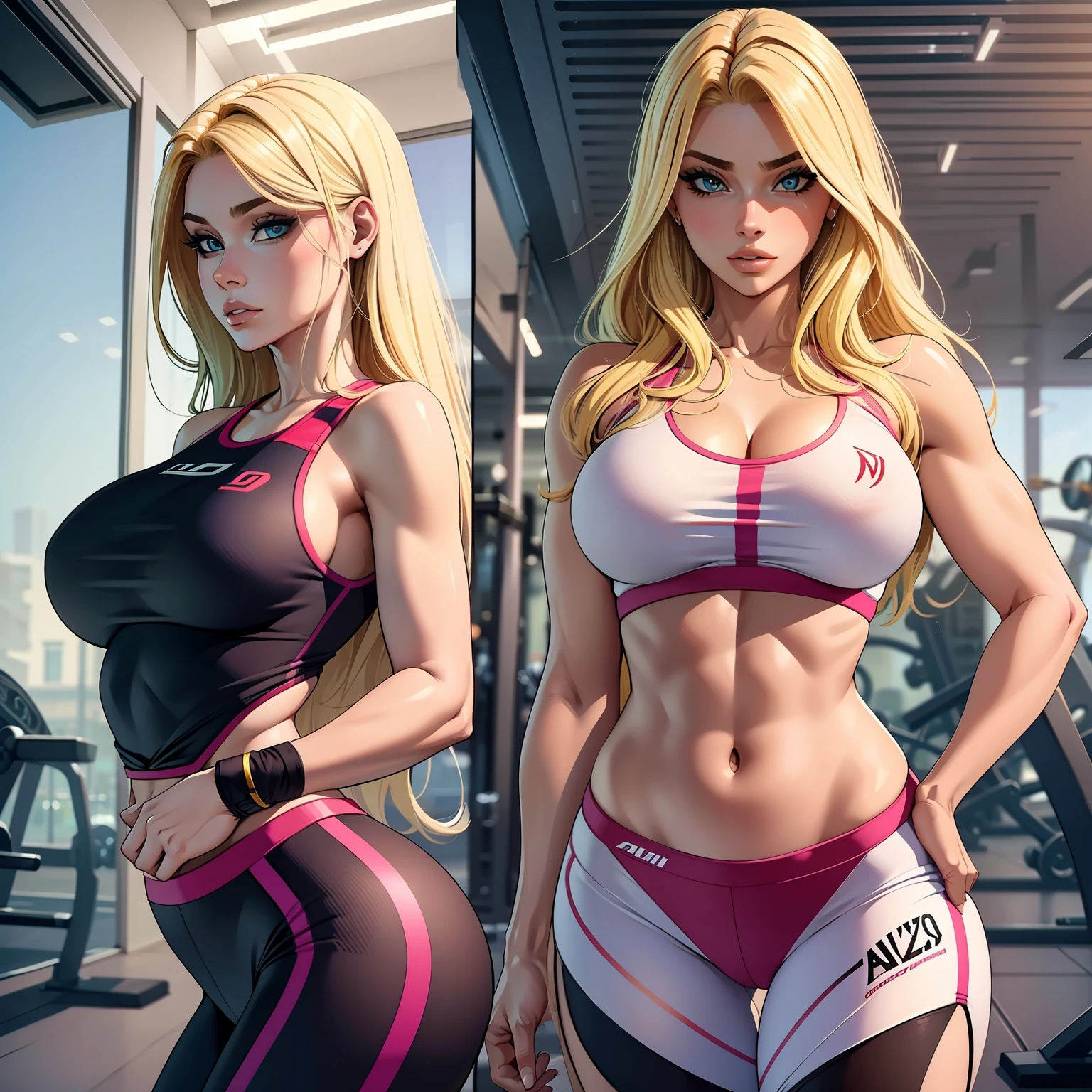 alta qualidade, mulher, hair blonde, na cidade, dinamic poses, olhos azuis, gym clothes