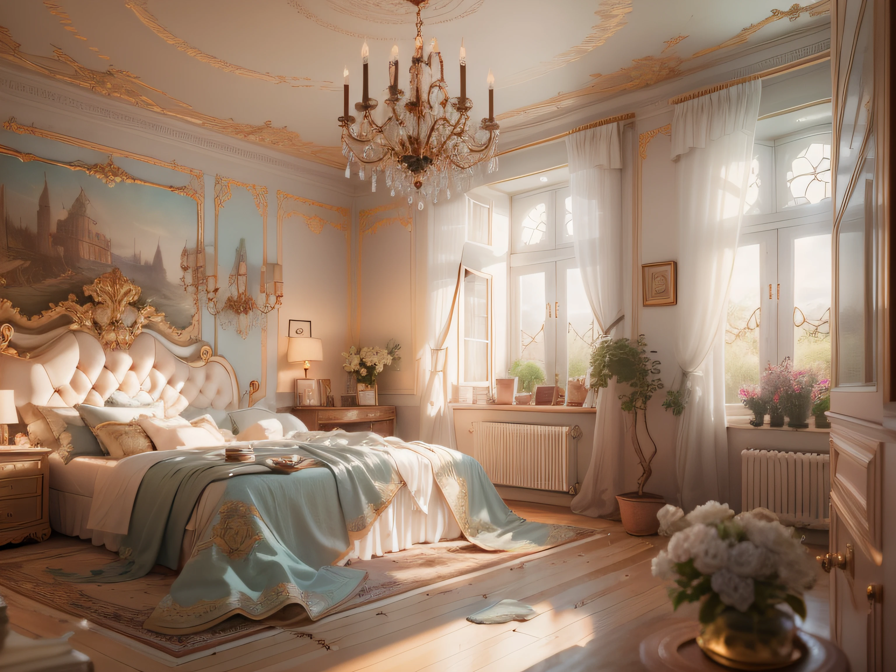 High-detail RAW color photography, bedroom interior in the style of Provence, (higly detailed, hyper-detailing, Entanglement), (lens glare: 0,7), (bloom: 0,7), particle fx, ray traced, 电影灯光, Shallow depth of field, photographed with Sony a9 II, 50mm wide angle lens, sharp-focus