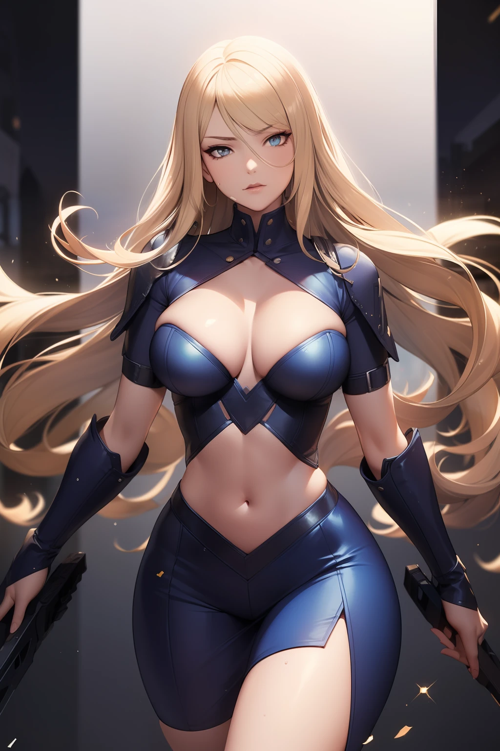 tmasterpiece, High- sharpness, high high quality, 详细的脸, detailed body render,Angry face, BDSM,Slaves,rubbery,blue corset,Blue gradient beam,collars,NSFW,((Best quality, 8K, Masterpiece:1.3))), Clear focus: 1.2、Armed accessories,arma,battle garment,Gradient yellow hair,(layer cut, Big:1.2),Beautiful woman with perfect figure: 1.4、Slender abs:1.2、Wet body:1.5、Highly detailed face and skin texture、Detailed eyes、Double eyelids,Long hair,Zhuzeshegi,character design。