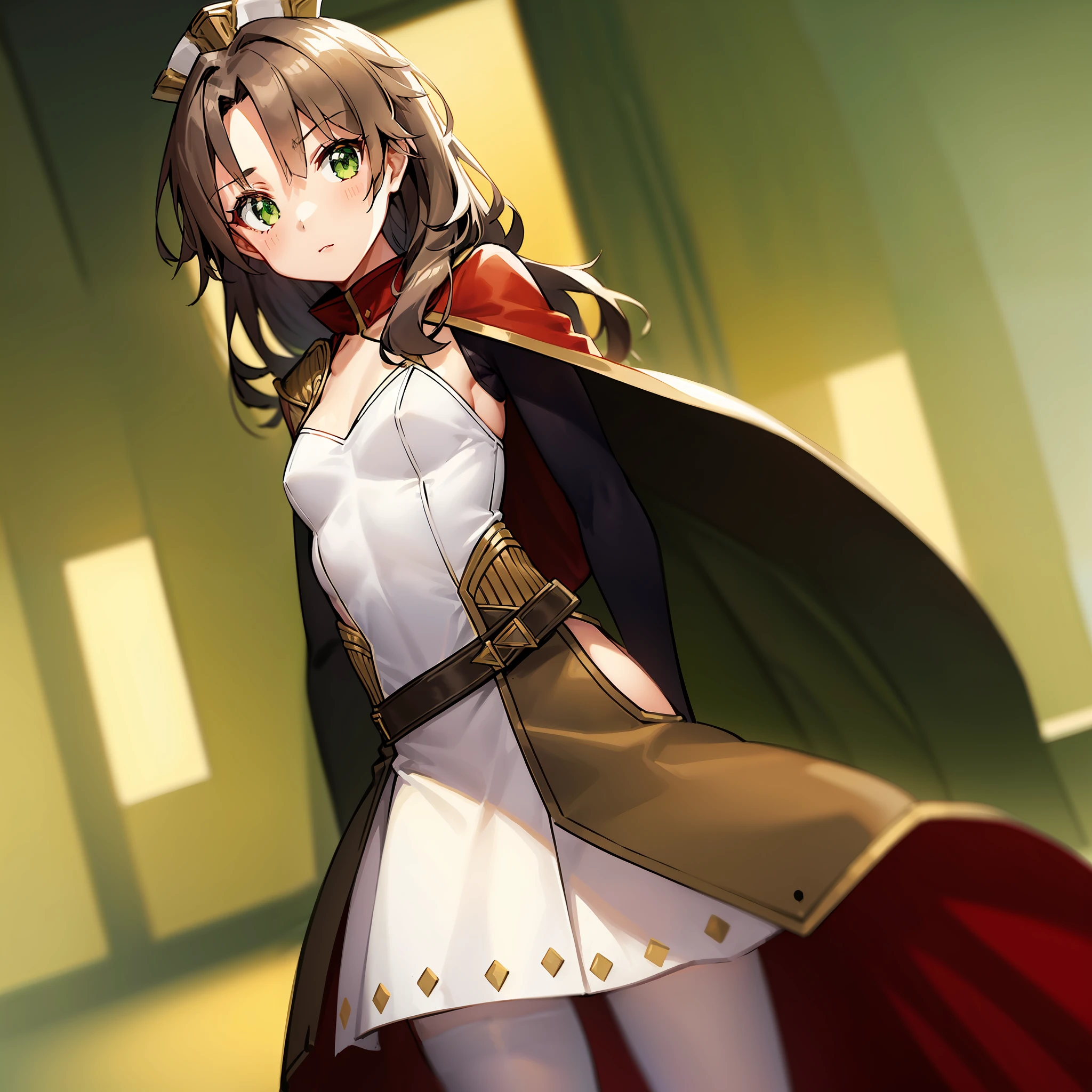 girl, flat chest, flat chest, flat chest, flat chest, flat chest, flat chest, flat breasts, slim body, brown hair, Exeter, blown hair, wavy hair, long hair, green eyes, white dress, asymmetrical legwear, asymmetrical clothes, red cape, high detail, anime style, sharp image