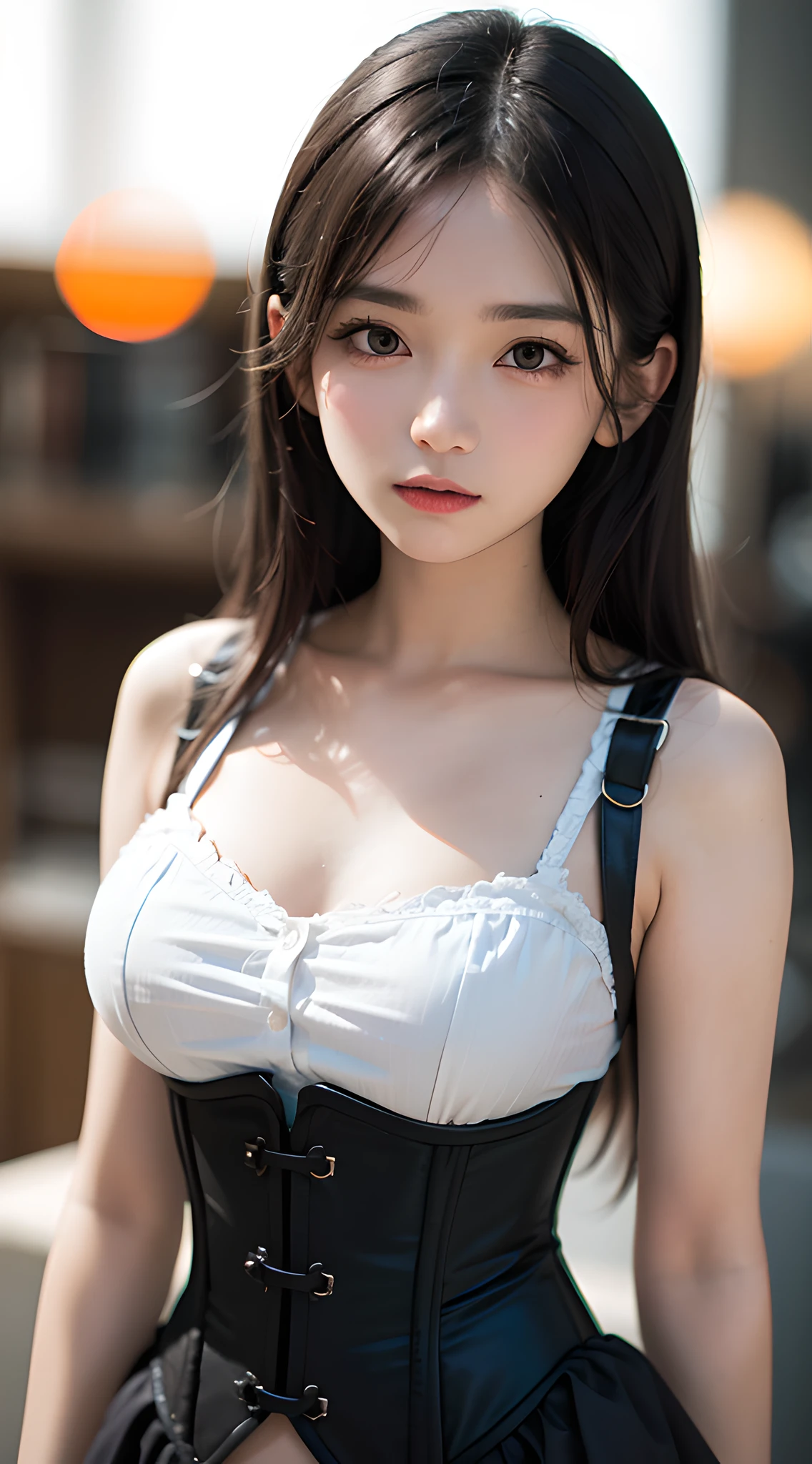 masterpiece, best quality, raw photo, 8k, 85mm, absurdres, cute face, (close up face, corset peplum top:1.2), large breasts, cinch waist, upper body, solo, delicate girl, detailed embroidery, DSLR, looking at viewer, violaceaess, gardeniass, thin arms,  professional lighting, film grain, chromatic aberration, (bokeh:1.1)