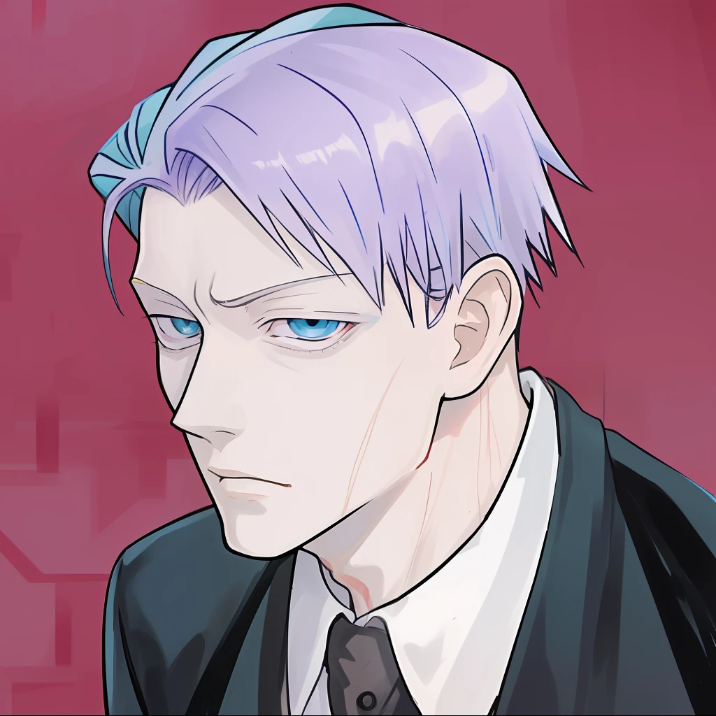 Homem com cabelo roxo, cabelo roxo, homem com cabelo roxo elegante, Villanious, terno, homem com terno elegante, terno de alta classe, olhos claro, olhos bonitos, olhos azuis, olhos azul marinho, obra prima, jujutsu kaisen, jujutsu kaisen 0, Studio MAPPA,hiper detalhado, cores suaves, estilo de arte anime