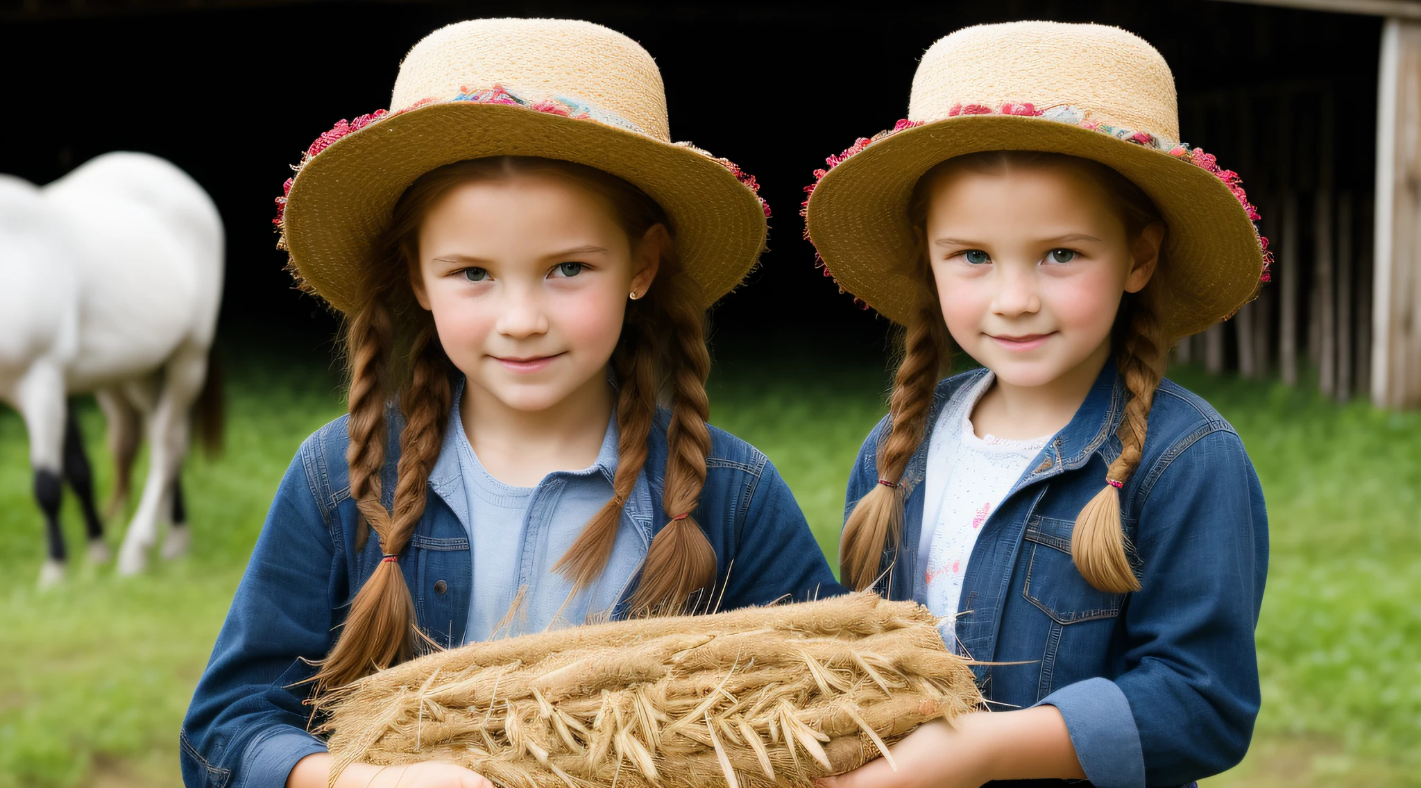Russian style, girl, portrait, long red hair of braids with hat, farmer style, with rolls of hay and wheat and horse, barns, apples.