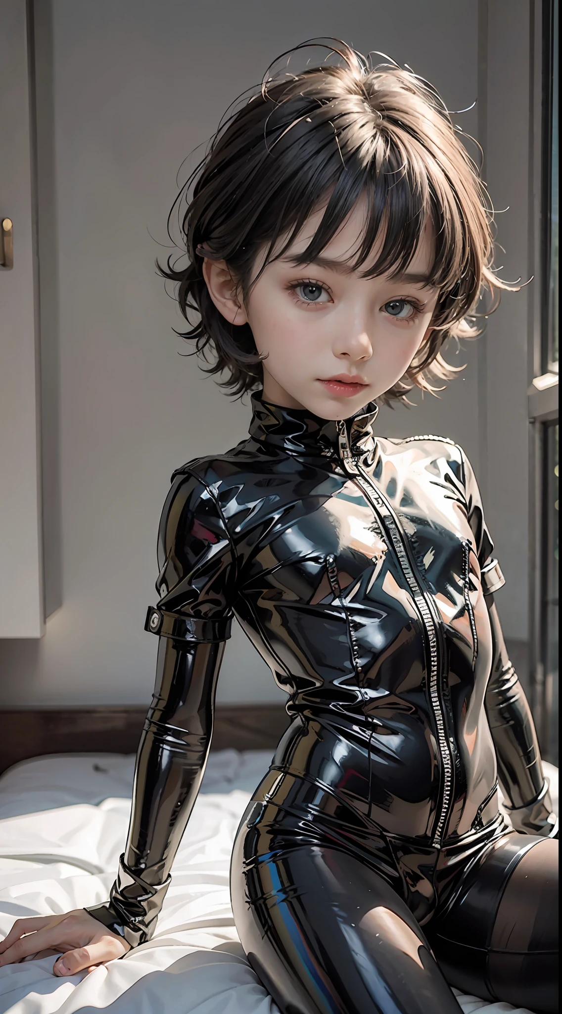 A 10-year-old boy wearing a black latex tights sits in front of plain white background with his legs open、Protruding