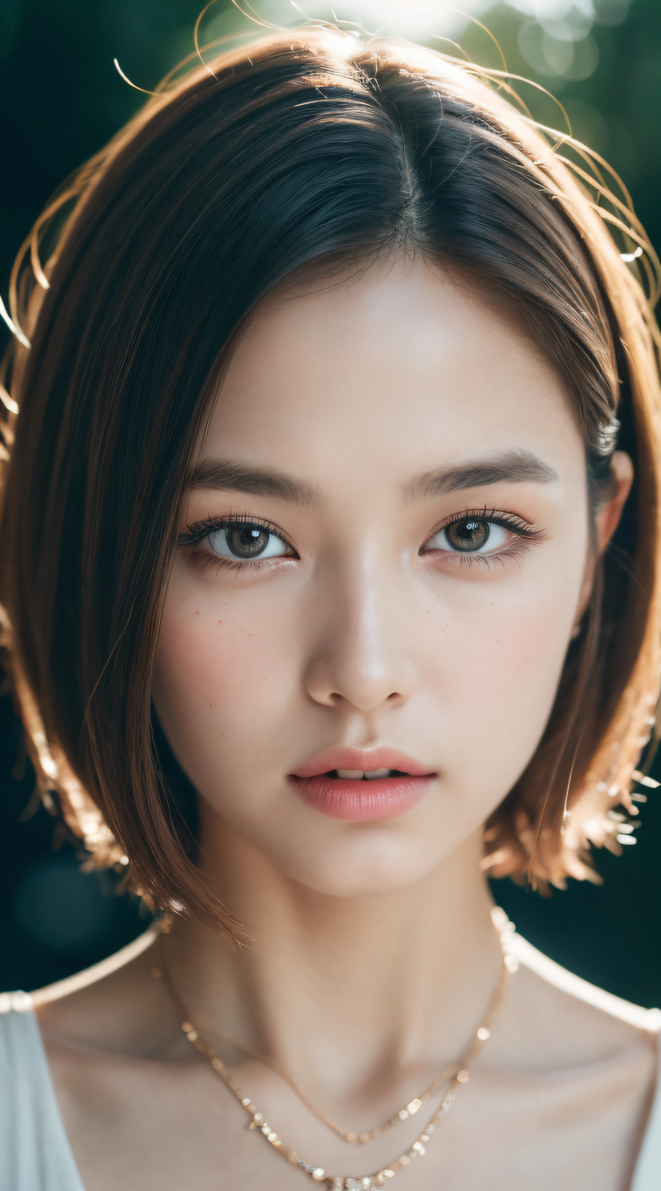 RAW photo, a 18-year-old-girl, (1girl), (realistic), (photo-realistic:1.5), lipstick, (freckles:0.5), (short hair), necklace, (RAW photo, 8k uhd, film grain), Sharp Eyeliner, Blush Eyeshadow With Thick Eyelashes, extremely delicate and beautiful, 8k, soft lighting, high quality, highres, sharp focus, extremely detailed, during the day, (sunlight on face), beautiful detailed eyes, extremely detailed eyes and face, masterpiece, cinematic lighting, (high detailed skin:1.2), 8k uhd, dslr, soft lighting, high quality, film grain, Fujifilm XT3