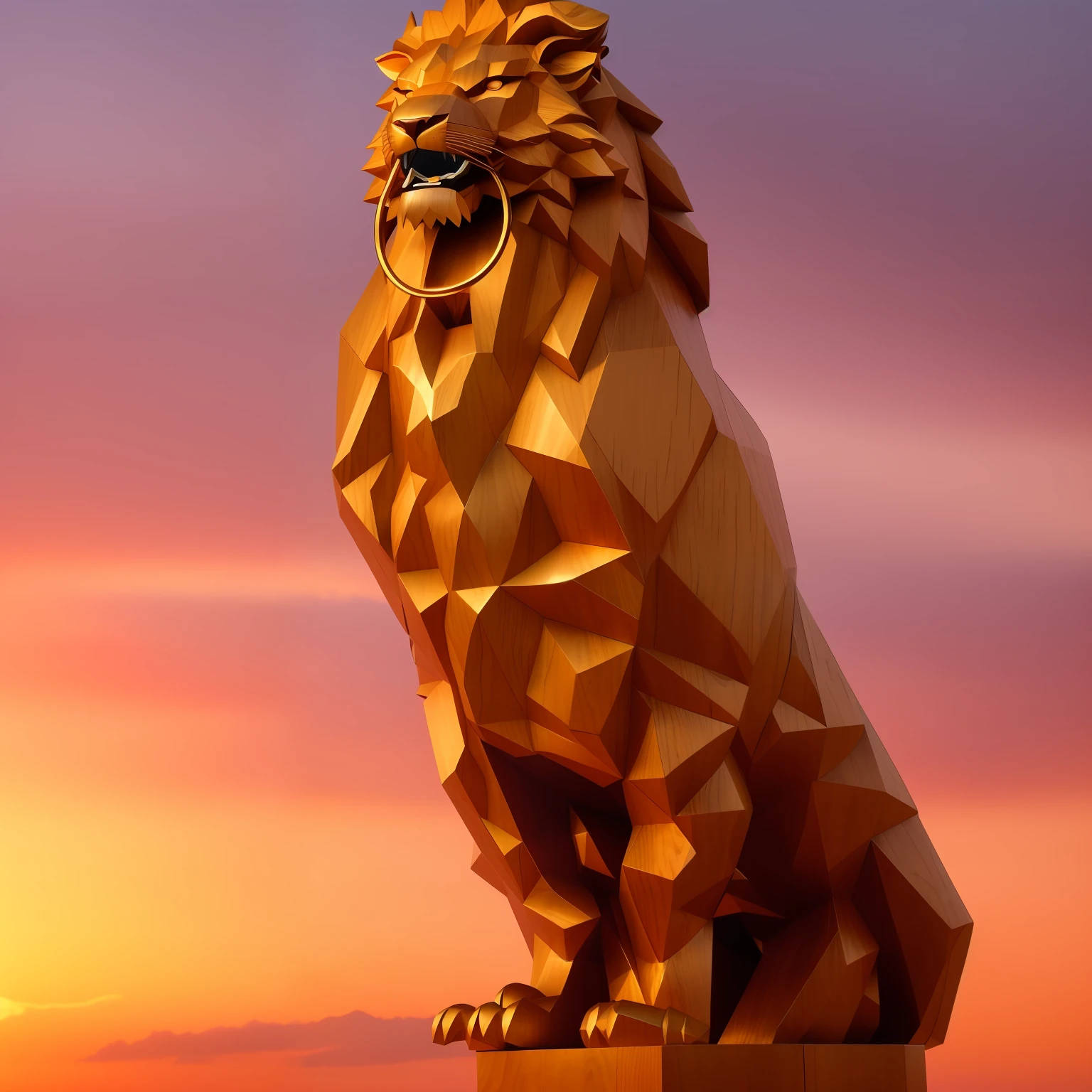There is a statue of a lion,Mouth closed, Biting the mouth copper ring wooden statue, sculpture made of wood, mythological beasts, carved wood,The body line is soft, Do not cut the body in pieces, Body carved wood texture