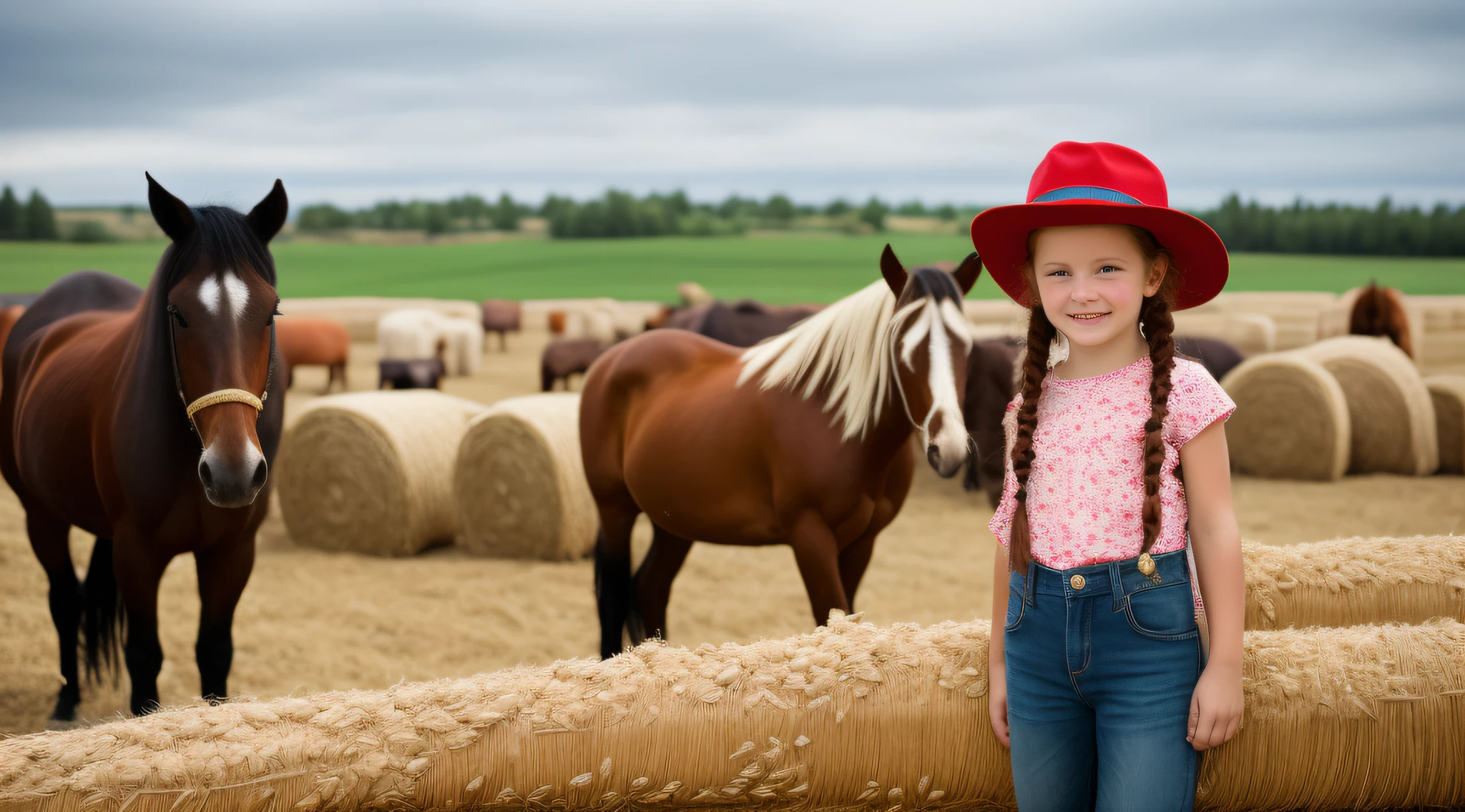 Russian style, children girl, portrait, long red hair of braids with hat, farmer style, with rolls of hay and wheat and horse, barns, apples.