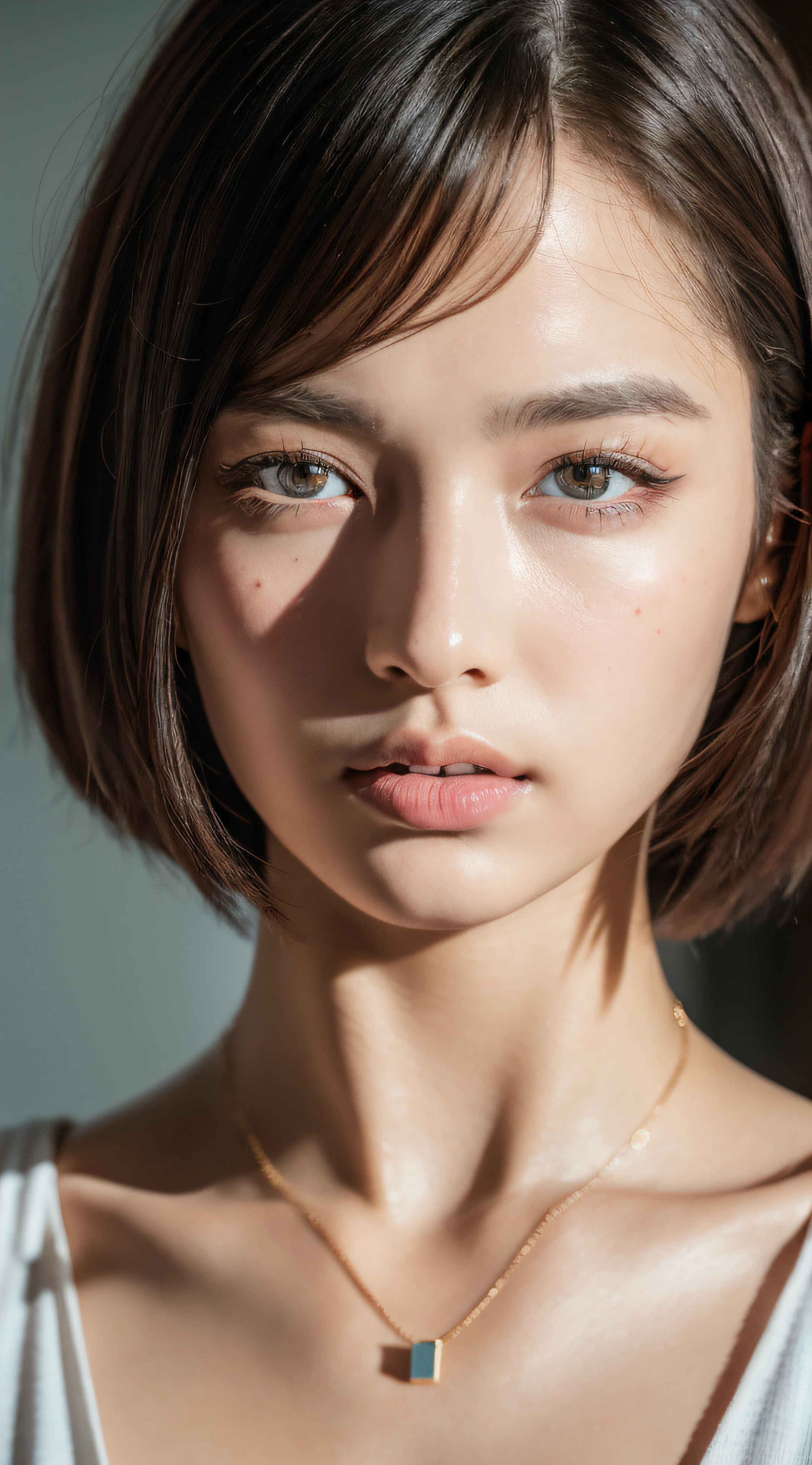 RAW photo, a 18-year-old-girl, (1girl), (realistic), (photo-realistic:1.5), lipstick, (freckles:0.5), (short hair), necklace, (RAW photo, 8k uhd, film grain), Sharp Eyeliner, Blush Eyeshadow With Thick Eyelashes, extremely delicate and beautiful, 8k, soft lighting, high quality, highres, sharp focus, extremely detailed, during the day, (sunlight on face), beautiful detailed eyes, extremely detailed eyes and face, masterpiece, cinematic lighting, (high detailed skin:1.2), 8k uhd, dslr, soft lighting, high quality, film grain, Fujifilm XT3