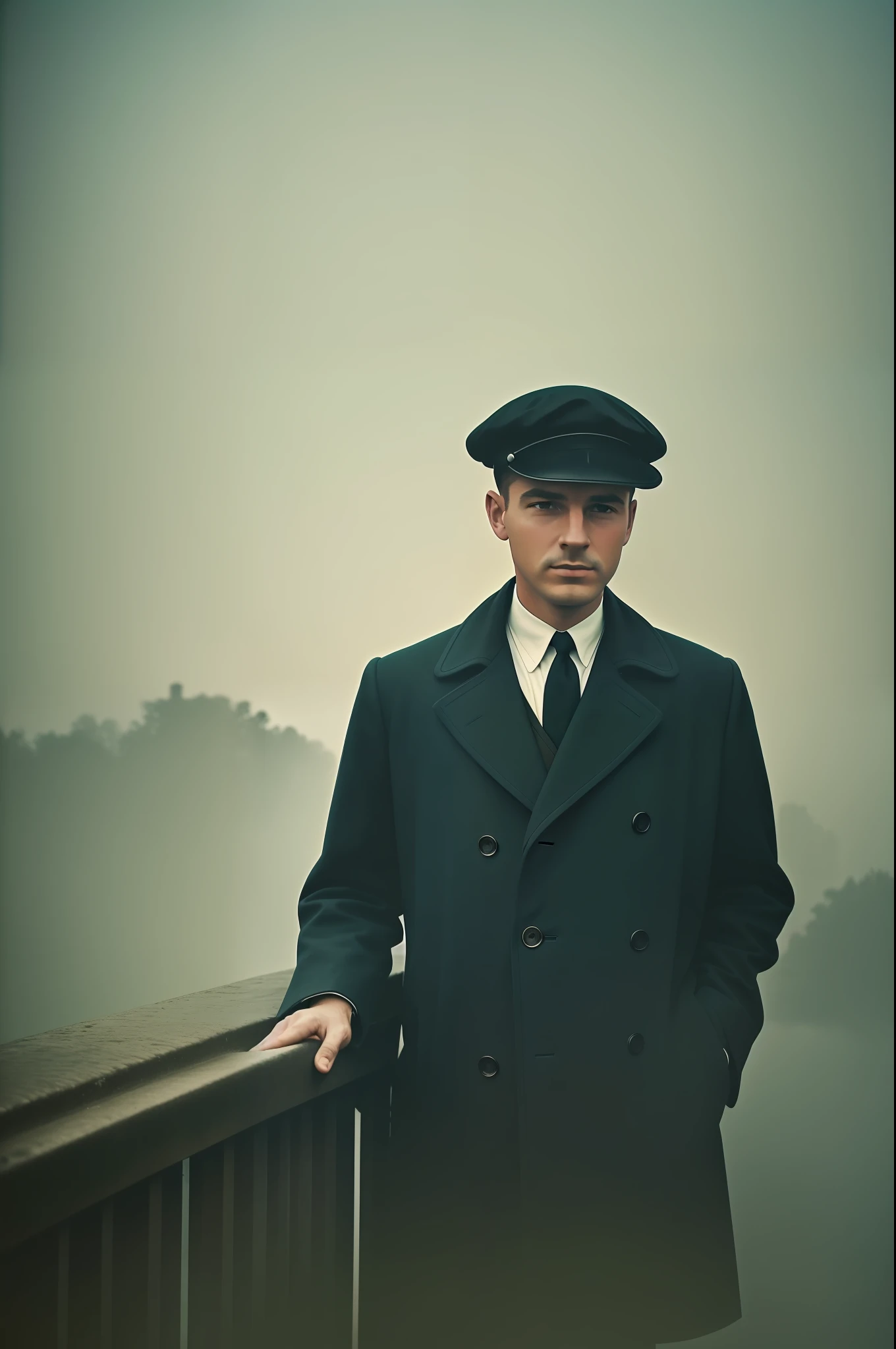 misty atmosphere, portrait of a man, 1950s, post-war era, colored