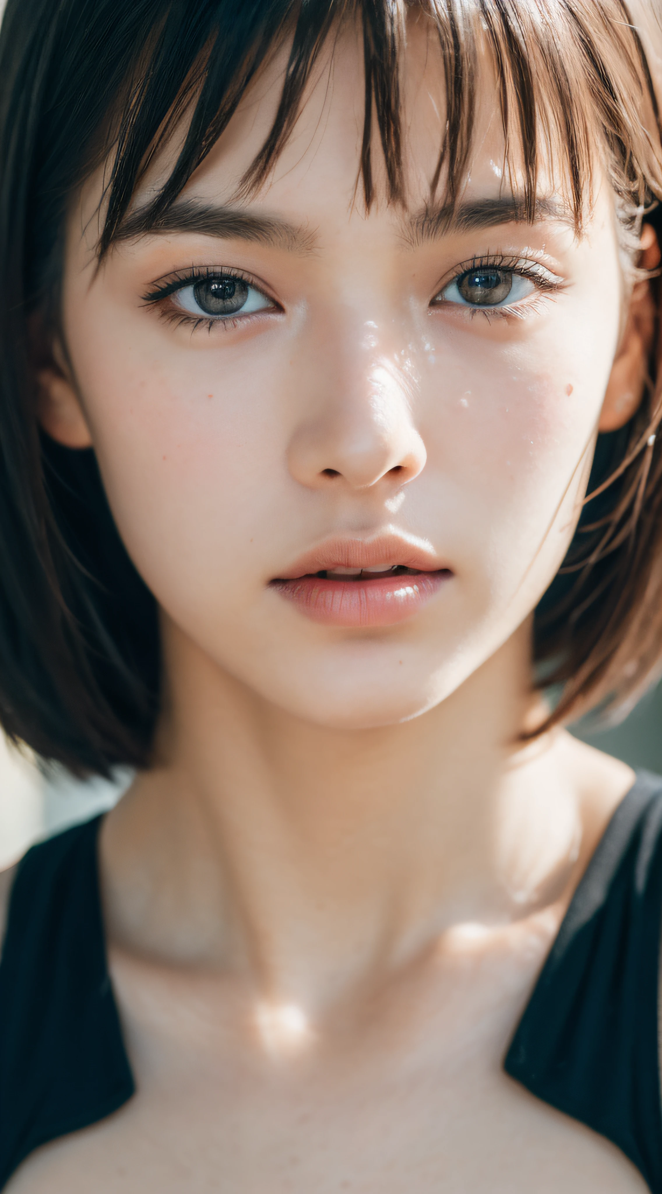 RAW photo, a 18-year-old-girl, (1girl), (realistic), (photo-realistic:1.5), lipstick, (freckles:0.5), (short hair), necklace, (RAW photo, 8k uhd, film grain), Sharp Eyeliner, Blush Eyeshadow With Thick Eyelashes, extremely delicate and beautiful, 8k, soft lighting, high quality, highres, sharp focus, extremely detailed, during the day, (sunlight on face), beautiful detailed eyes, extremely detailed eyes and face, masterpiece, cinematic lighting, (high detailed skin:1.2), 8k uhd, dslr, soft lighting, high quality, film grain, Fujifilm XT3