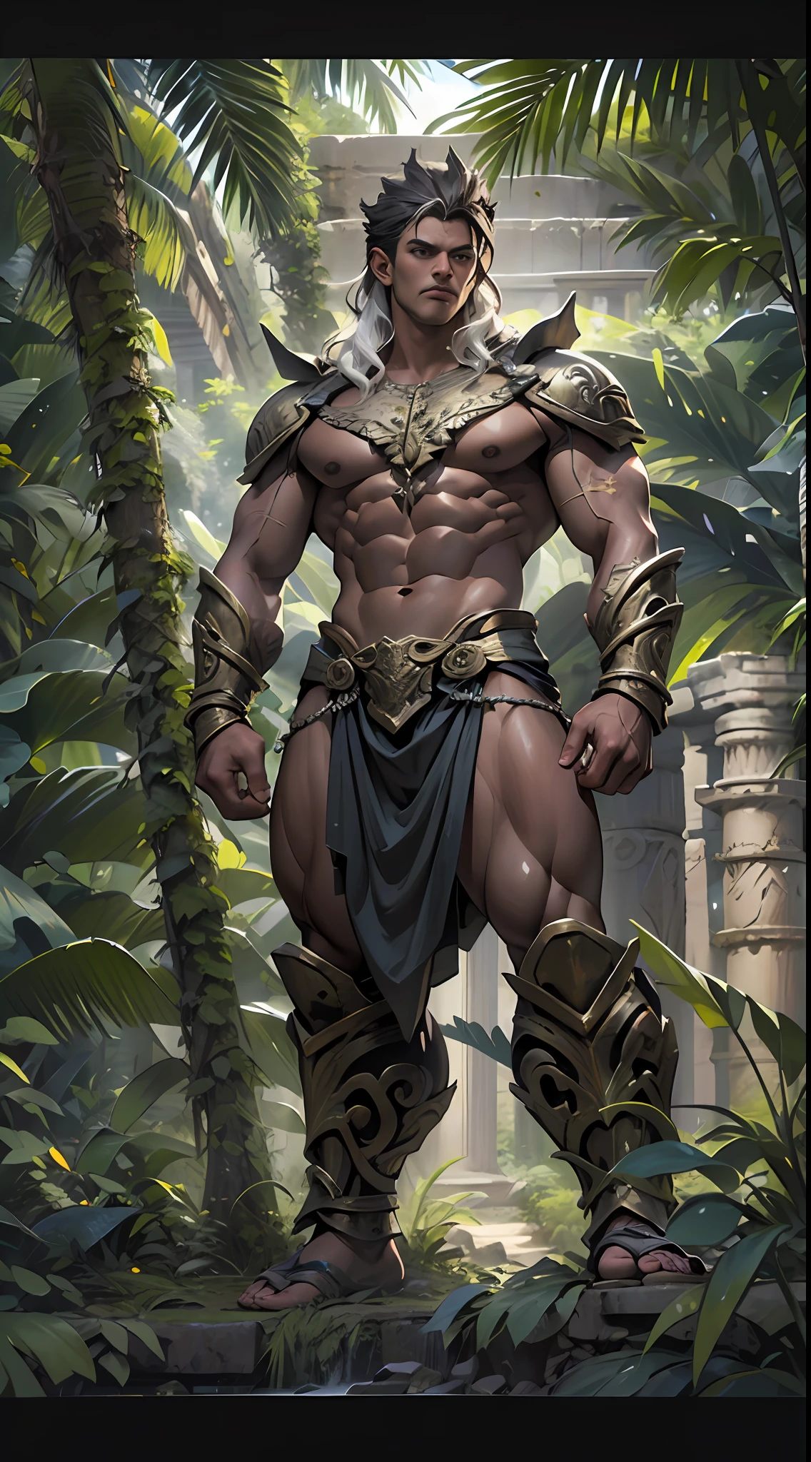 Sculpted warrior, exposed upper torso, legs bared from thighs to feet, flowing long curls, intricate muscular details, photorealistic depiction, 4K resolution. Background: Ancient temple ruins in a lush jungle,32k uhd, best quality, masterpiece, super detail, high details