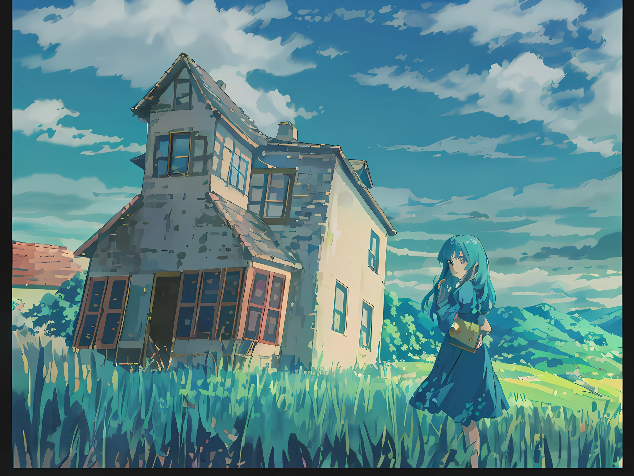 Painting a woman in a blue dress standing in front of a house, anime countryside landscape,, storybook wide shot,k hd, in an empty field, fundo de casa, Classicism, ray tracing, stereogram, framed, perspective, UHD, retina, 16k