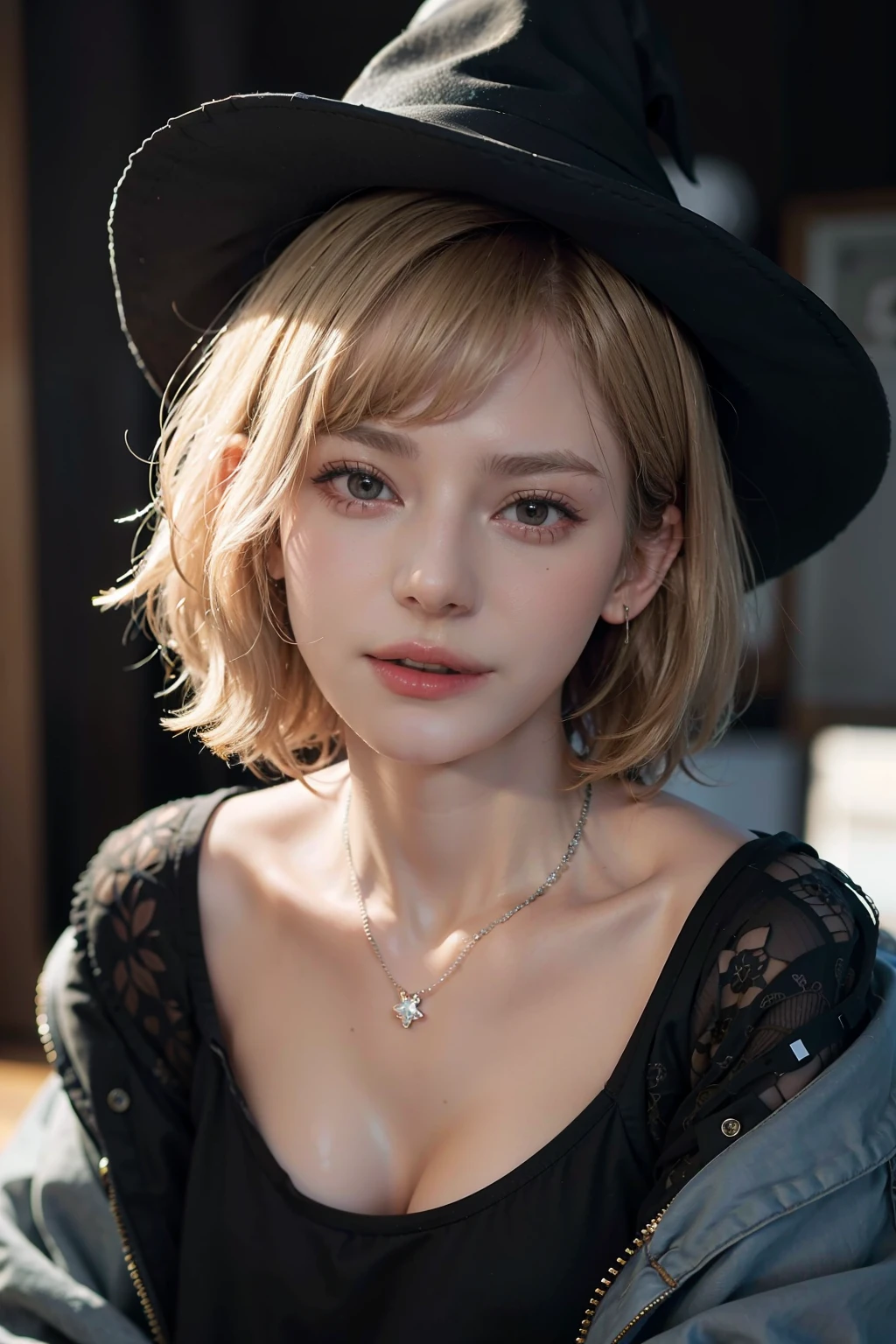 photo of 18yo girl, short hair, (blond hair:1.2), wearing an black shirt and levis jacket, wearing a necklace, witch hat,
best quality, realistic, photorealistic, (intricate details:1.2), (delicate detailed), (cinematic light), clear line, sharp focus, realistic face, detailed face
unity 8k wallpaper, ultra high res, (photorealistic:1.4), looking at viewer,