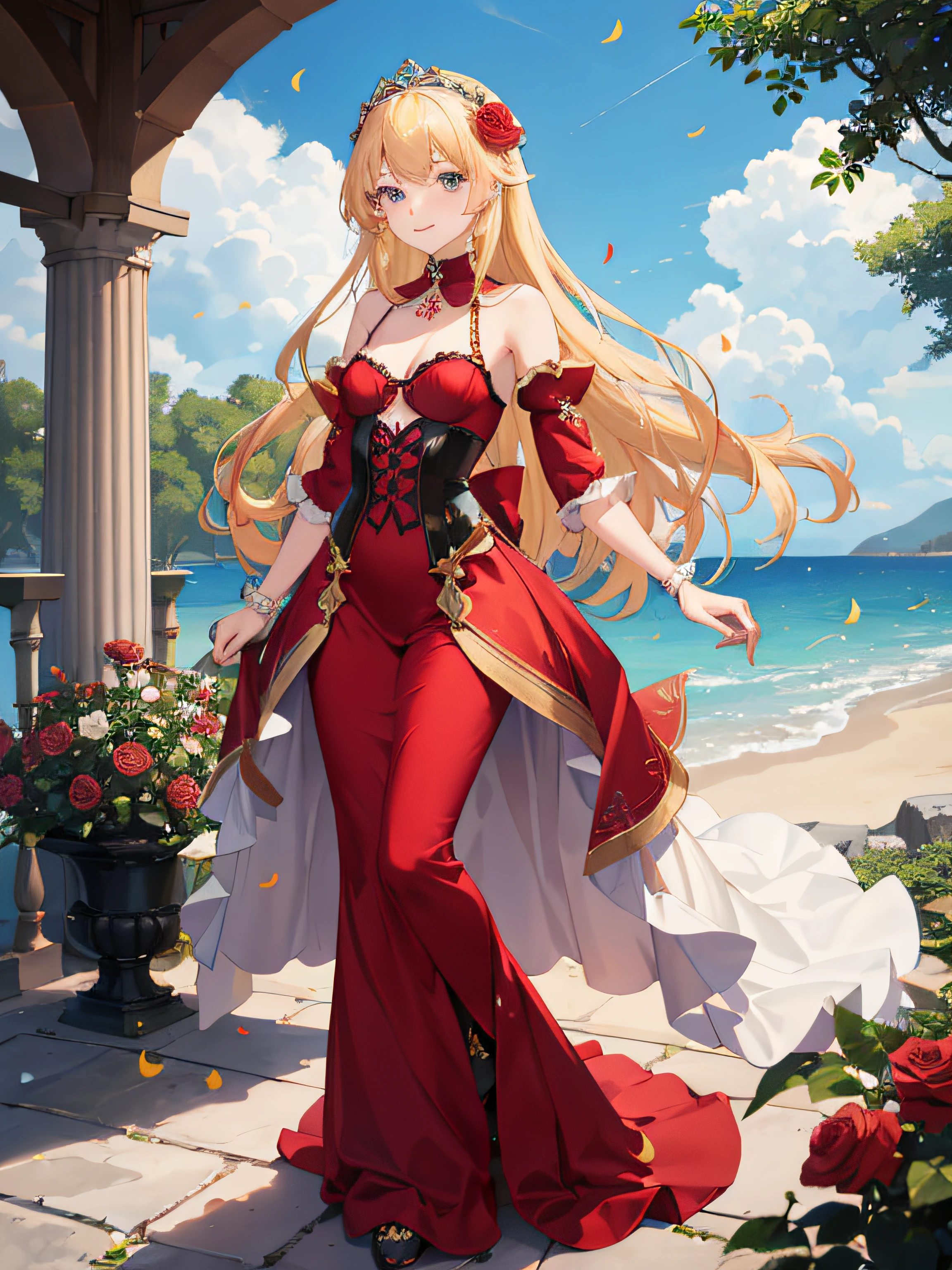 ((​masterpiece)), (top-quality), (detaileds),4K resolution. 1 Girl Sharp Focus、a blond,Princess Cut,odd eye,Older sister,diet,long,Red Rosa,tiarra,Black Dress,curlyhair,small tit,small tits,Cool,Rose Dress,embroideries,oriental,A sexy,Sareme,garden,Sunnyday,blue-sky,Confetti、small nose,narrow nose and small nose,,,,,,,,,,,,,,,,,,,,,,,,,,,,,,,,,,,High small nose,small nostrils,see -through,Full body like,oblique,1girl in,Golden hair color,Light hair color,Beige hair color,Rosa,Red Rose,Rosa,Red Rose,Rose Dress,weddingdress,Arm Cover，Adults，adult lady，veils，Kamimei,Red Rose,Rosa,Rosa,Rosa,Rosa，Rosa,Red Rose，Big sister，adult lady，adult lady，adult lady，，adult lady，adult lady，Adult Women Mermaid Dresses，Mermaid Dresses，corsets，corsets，corsets，corsets，A smile，Straight bangs,to stand、arms in arms