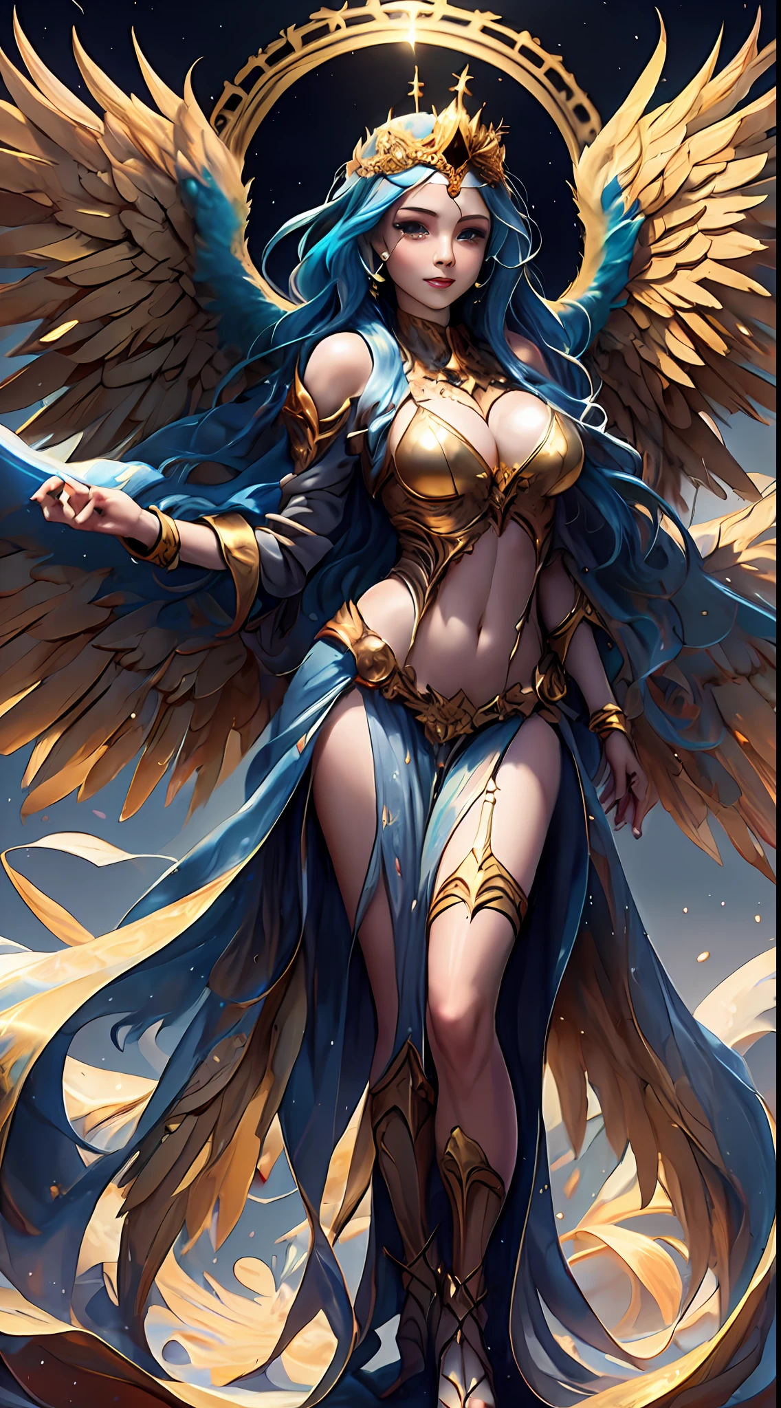 Pintura de una mujer con alas y un halo parada frente a un fuego, con ardientes alas doradas de llamas, Diosa del Fuego, Diosa de la ira, con ardientes alas doradas, aparece como la diosa del fuego, Arte del hechizo del fuego sagrado, tall female angel, Diosa del Fuego, full - body majestic angel, Diosa de la Luz, Artgerm Julie Bell Beeple, Hechizo de llama sagrada, Vibrant color palette game and super intricate great shadows, pintura mate, minuciosamente detallado, fino y delicadamente detallado, motor irreal delicadamente detallado con octanaje intrincado, fondo detallado en microminutos, complejidades 3D realzadas, Perfect and super detailed 8K composition, regla de los tercios, motionVFX, Sony Pictures Animation, The Foundry VFX, inmensamente perfecto, perfectamente detallado, intrincadamente definido, definitivamente real, Verdaderamente realista, Realistically epic, por Satori Canton, photography by alberto seveso