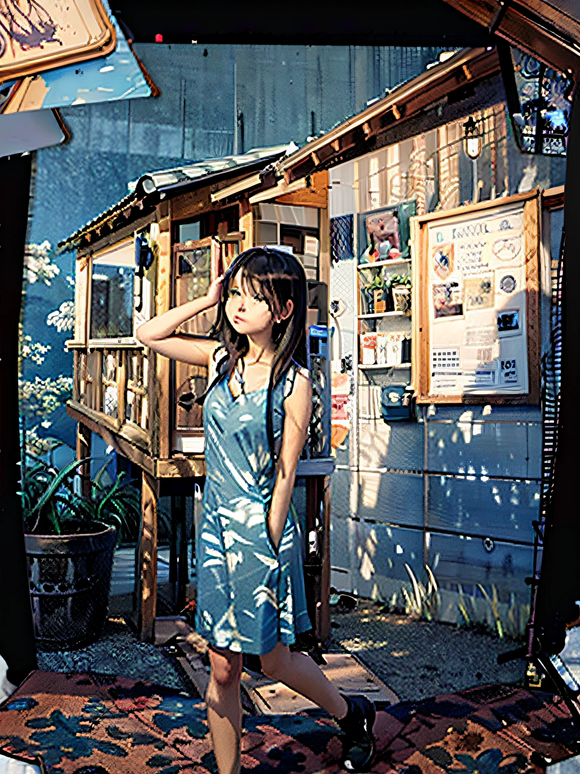 Anime girl in blue dress standing in front of the hut, drawn in anime painter studio, made with anime painter studio, in the style of makoto shinkai, makoto shinkai art style, Digital anime illustration, Makoto shinkai style, inspired by Makoto Shinkai, Makoto Shinkai's style, anime styled digital art