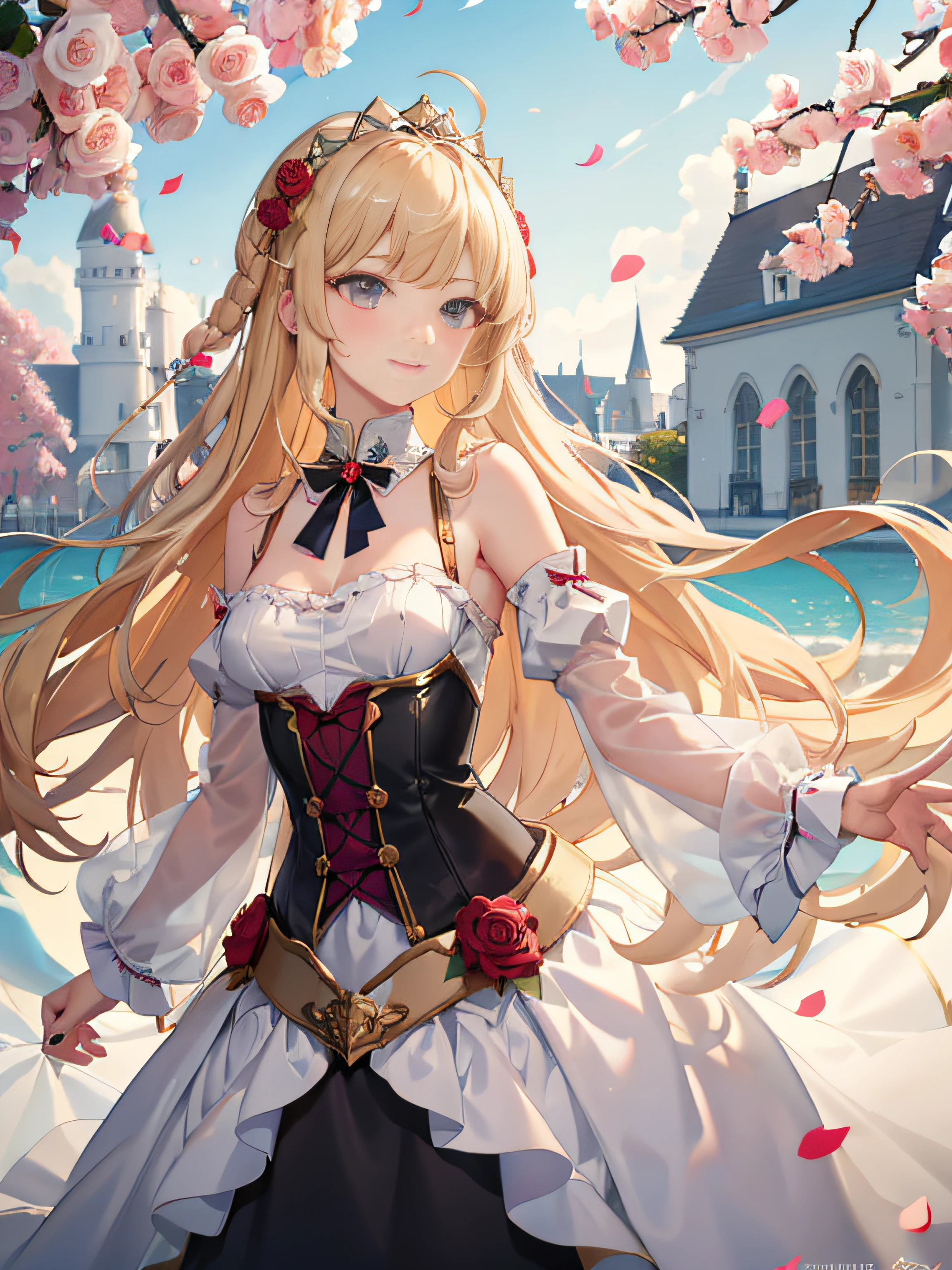 ((​masterpiece)), (top-quality), (detaileds),4K resolution. 1 Girl Sharp Focus、a blond,Princess Cut,odd eye,Older sister,diet,long,Red Rosa,tiarra,Black Dress,curlyhair,small tit,small tits,Cool,Rose Dress,embroideries,oriental,A sexy,Sareme,garden,Sunnyday,blue-sky,Confetti、small nose,narrow nose and small nose,,,,,,,,,,,,,,,,,,,,,,,,,,,,,,,,,,,High small nose,small nostrils,see -through,Full body like,oblique,1girl in,Golden hair color,Light hair color,Beige hair color,Rosa,Red Rose,Rosa,Red Rose,Rose Dress,weddingdress,Arm Cover，Adults，adult lady，veils，Kamimei,Red Rose,Rosa,Rosa,Rosa,Rosa，Rosa,Red Rose，Big sister，adult lady，adult lady，adult lady，，adult lady，adult lady，Adult Women Mermaid Dresses，Mermaid Dresses，corsets，corsets，corsets，corsets，A smile，Straight bangs,to stand、arms in arms