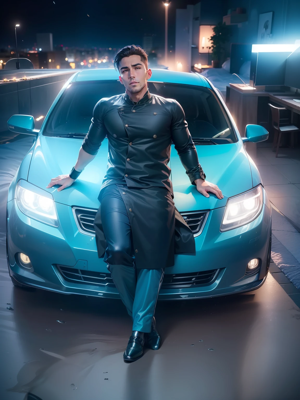 ((Night, Real Light, Top Quality, 8k, Masterpiece: 1.3)), Normal Body Shape Handsome boy, Lying on Bed, Open Legs, Ultra Detailed Face, Detailed Eyes, Double Eyelids