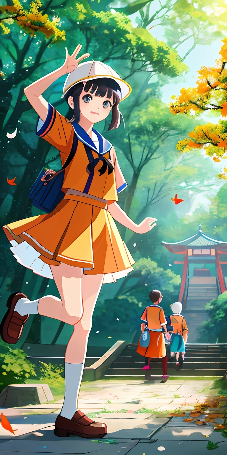 Cartoon images of boys and girls in civil engineering uniforms,Wear an orange hard hat, short- sleeved,short skirt,shorter pants, Two students pose for a group photo,shanghai,Architectural background,bustling,brightly,8K,Film and television director,wide angles, Pose(Arms up + cheerfulness), exciting illustration, seifuku, Magical school student uniform, Japanese animation style, Boy and girl,Xinghaicheng,tmasterpiece,best qualtiy,(Very detailed CG unity 8k wallpaper)(best qualtiy),(Most Best Illustration),(best shadow) The delicate leaves of nature, petals of various colors fall in the air, light tracking,ultra-detailliert --v6