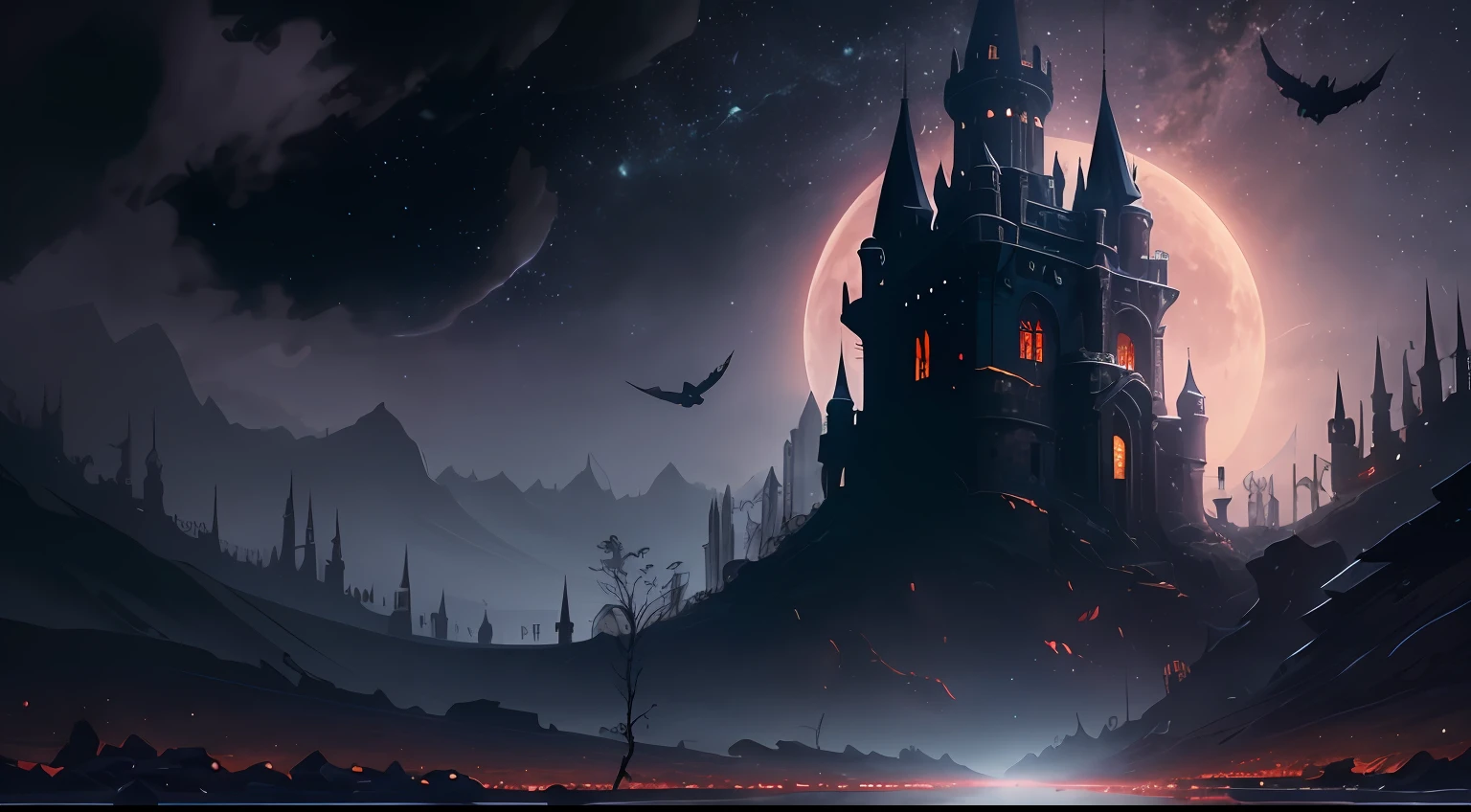 Ultra-wide field of view，Look from the bottom up，Dark castle on a moonlit night，mysterious darkness，Raven vista，Torn clouds，A werewolf looming in the shadows，Huge red moon，uncanny，shadowy，soggy，Man-eating vine，There are no lights，Black fog-wrapped tower，borgar，run-down，Clear and detailed image quality，Engaging shots，Soft lighting，detail-rich，Transparent starry sky，Unique architecture，Blinking lights，Active character actions。（best qualtiy：1.4），tmasterpiece，super-fine，A detailed，acurate，（8K分辨率）