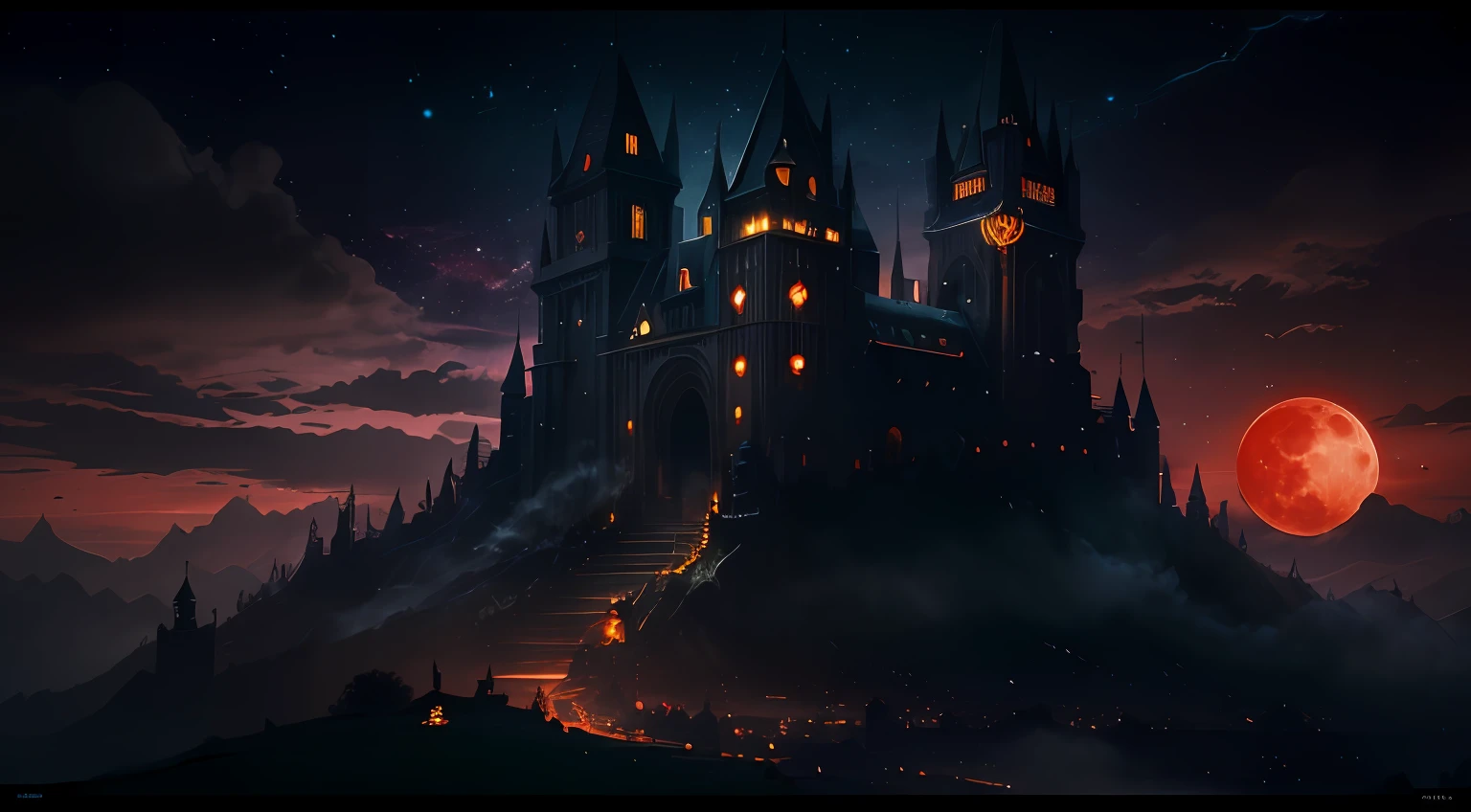 Ultra-wide field of view，Look from the bottom up，Dark castle on a moonlit night，mysterious darkness，Raven vista，Torn clouds，A werewolf looming in the shadows，Huge red moon，uncanny，shadowy，soggy，Man-eating vine，There are no lights，Black fog-wrapped tower，borgar，run-down，Clear and detailed image quality，Engaging shots，Soft lighting，detail-rich，Transparent starry sky，Unique architecture，Blinking lights，Active character actions。（best qualtiy：1.4），tmasterpiece，super-fine，A detailed，acurate，（8K分辨率）