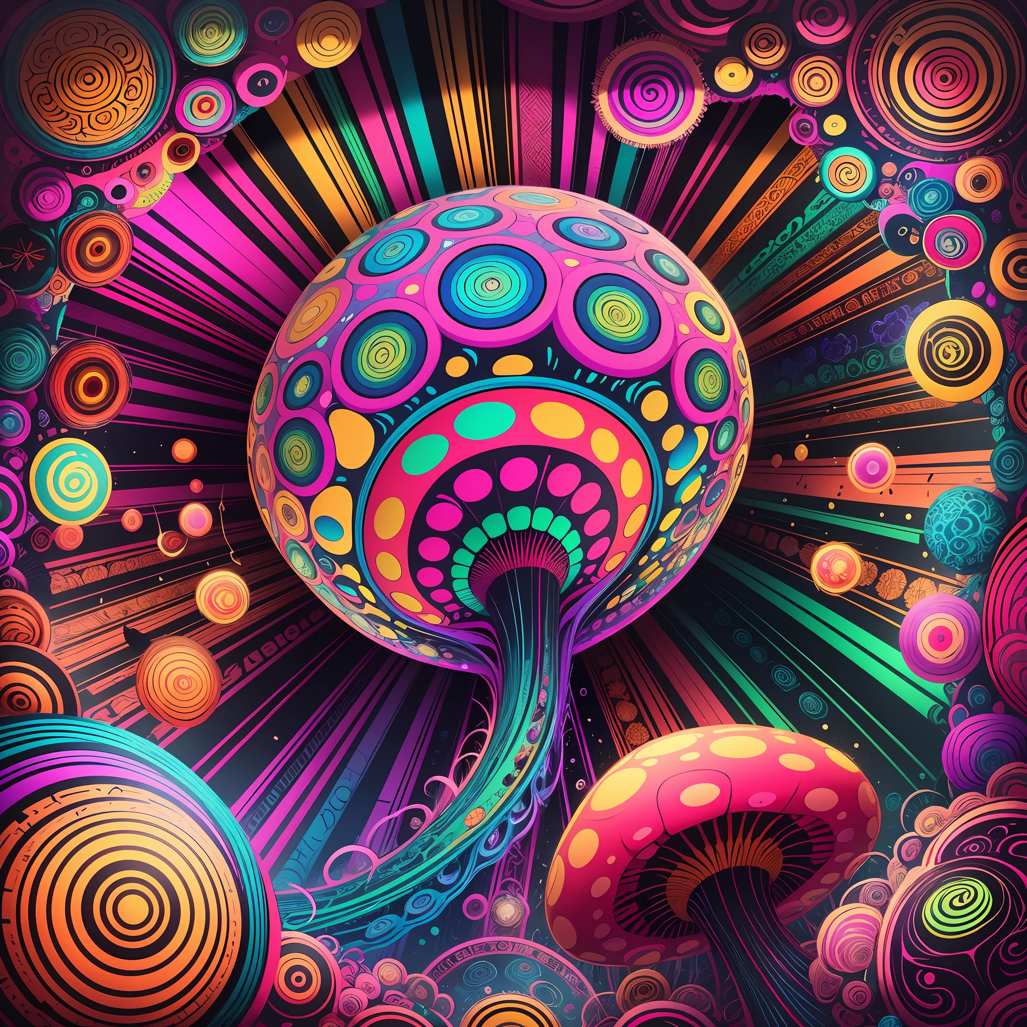 Vector Print in the Psychedelic Style: A mesmerizing combination of vibrant colors and abstract shapes in a mind-blowing setting. [A mushroom:1.9] psychedelic emerges at the center of the composition, emanating energy and mystery. Intricate details and psychedelic patterns wrap around the main element, creating a sense of movement and depth. mario mushroom, mario stars --auto --s2