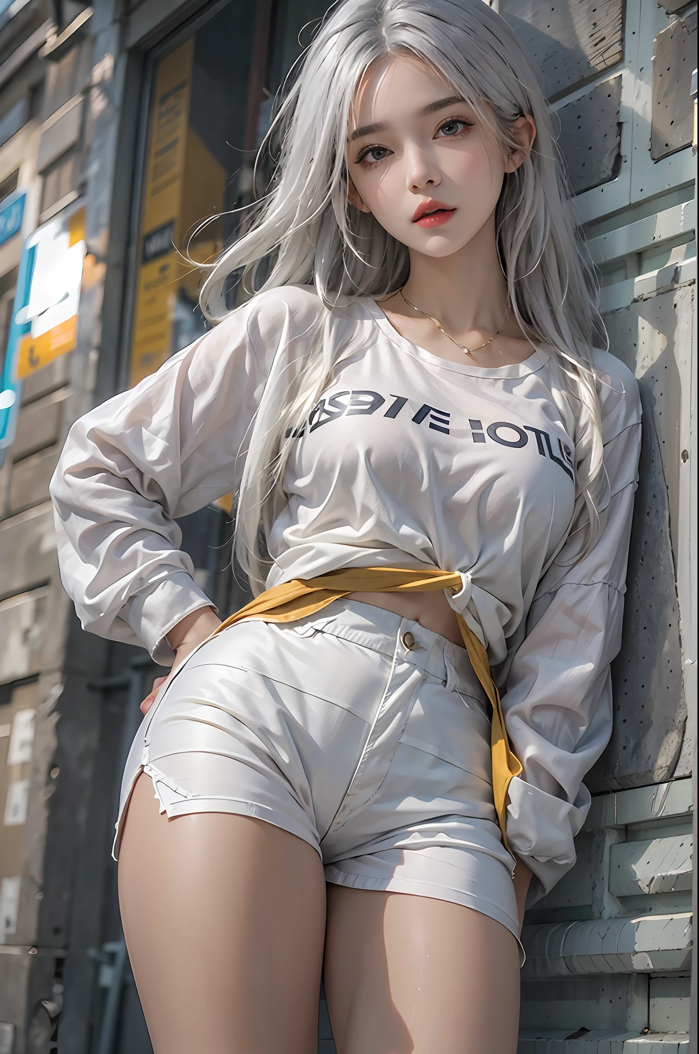 photorealistic, high resolution, 1 women, solo, hips_up, hips up, beautiful eyes, look at viewer, close lips, detailed face, white hair, long hair, colorful clothes, street wear, sneaker