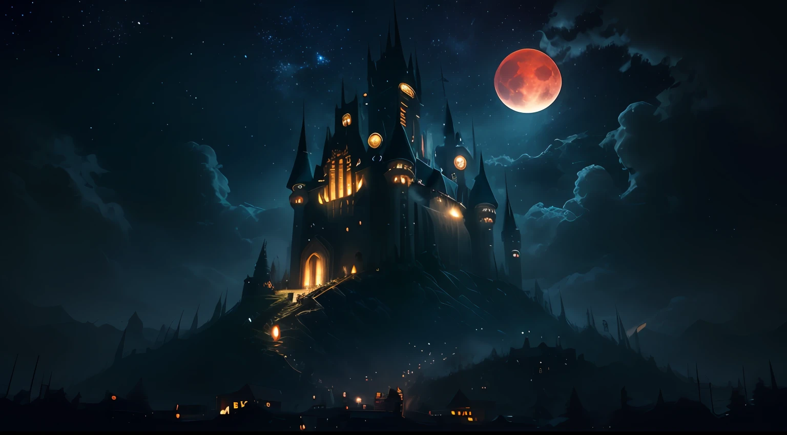 Ultra-wide field of view，Look from the bottom up，Dark castle on a moonlit night，mysterious darkness，Raven vista，Torn clouds，A werewolf looming in the shadows，Huge red moon，uncanny，shadowy，soggy，Man-eating vine，There are no lights，Black fog-wrapped tower，borgar，run-down，Clear and detailed image quality，Engaging shots，Soft lighting，detail-rich，Transparent starry sky，Unique architecture，Blinking lights，Active character actions。（best qualtiy：1.4），tmasterpiece，super-fine，A detailed，acurate，（8K分辨率）