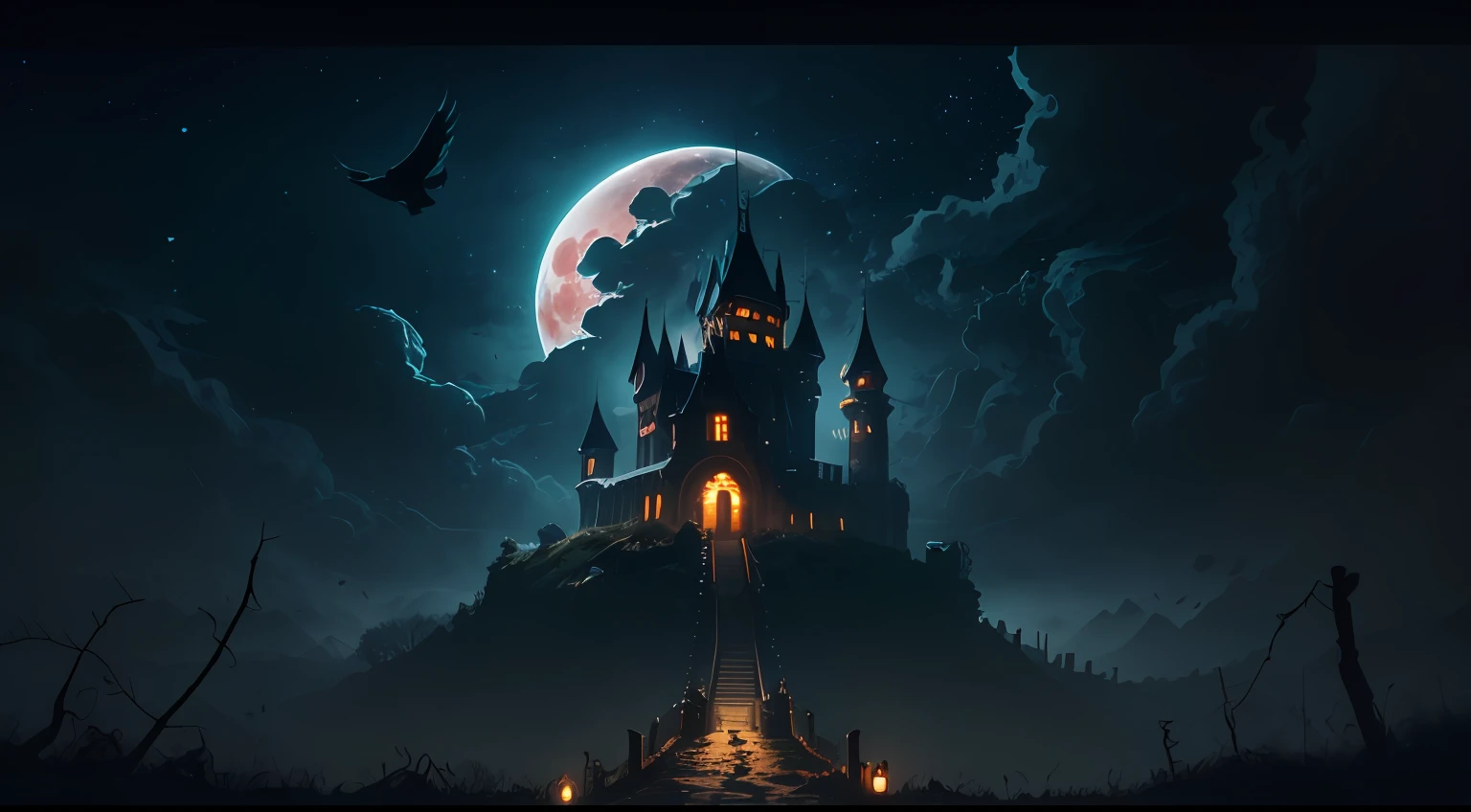 Ultra-wide field of view,Look from the bottom up,Dark castle on a moonlit night,mysterious darkness,Raven vista,Torn clouds,A werewolf looming in the shadows,Huge red moon,uncanny,shadowy,soggy,Man-eating vine,There are no lights,Black fog-wrapped tower,borgar,run-down,Clear and detailed image quality,Engaging shots,Soft lighting,detail-rich,Transparent starry sky,Unique architecture,Blinking lights,Active character actions。(best qualtiy:1.4),tmasterpiece,super-fine,A detailed,acurate,(8K分辨率)