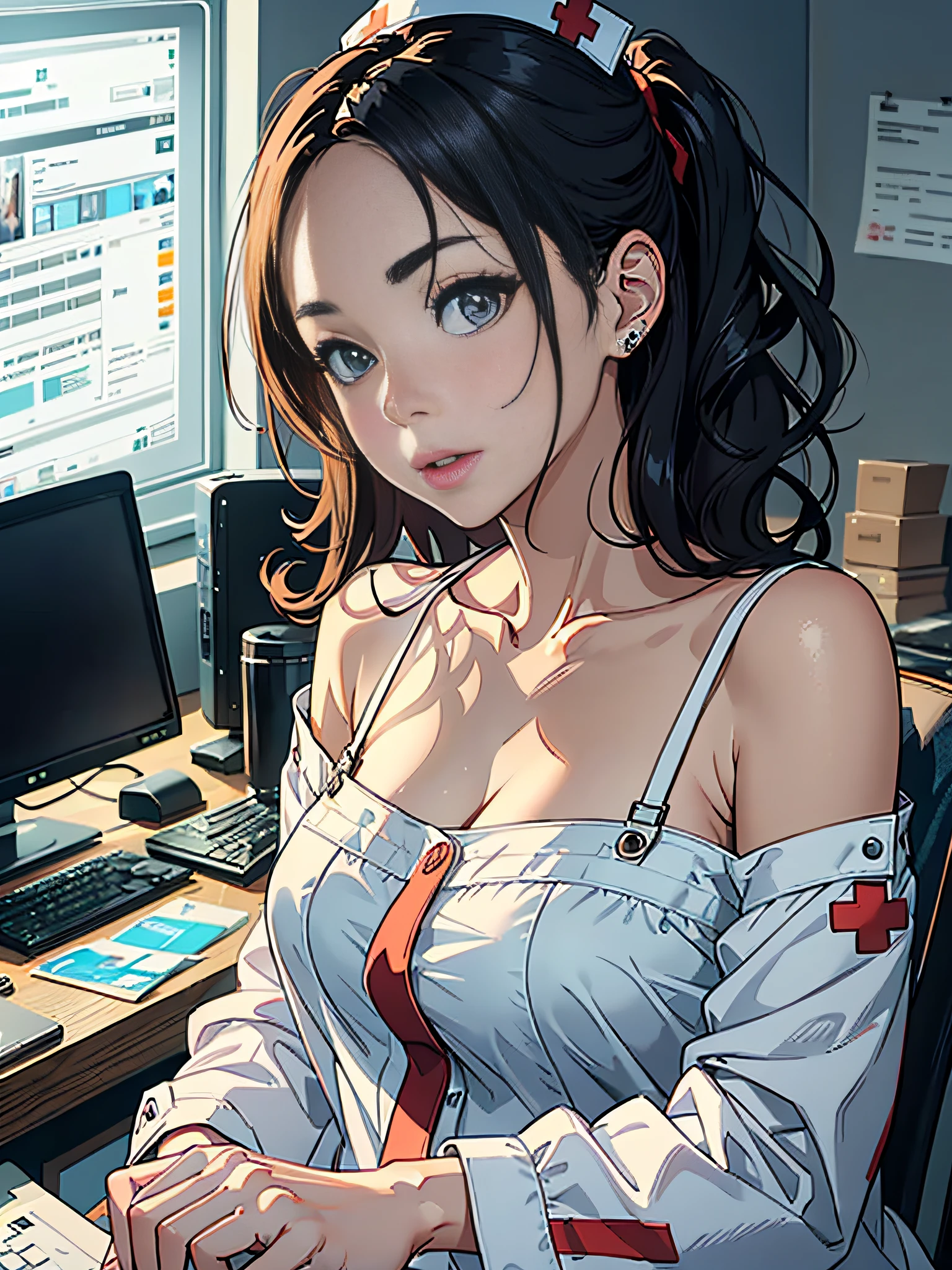 Woman who is reading and studying, young woman, computer in the room, mature looking, willow eyebrows, big eyes, woman with delicate facial features, woman sitting at the computer desk live broadcast, detail portrayal, infinite detail, Tyndall effect, ultra definition, 8K, character tracing, ray tracing, modern woman, high value, beauty, intellectual beauty, sexy seduction, (((wearing white nurse's uniform))), (urban beauty), (sexy), (seductive) (off-the-shoulder)
