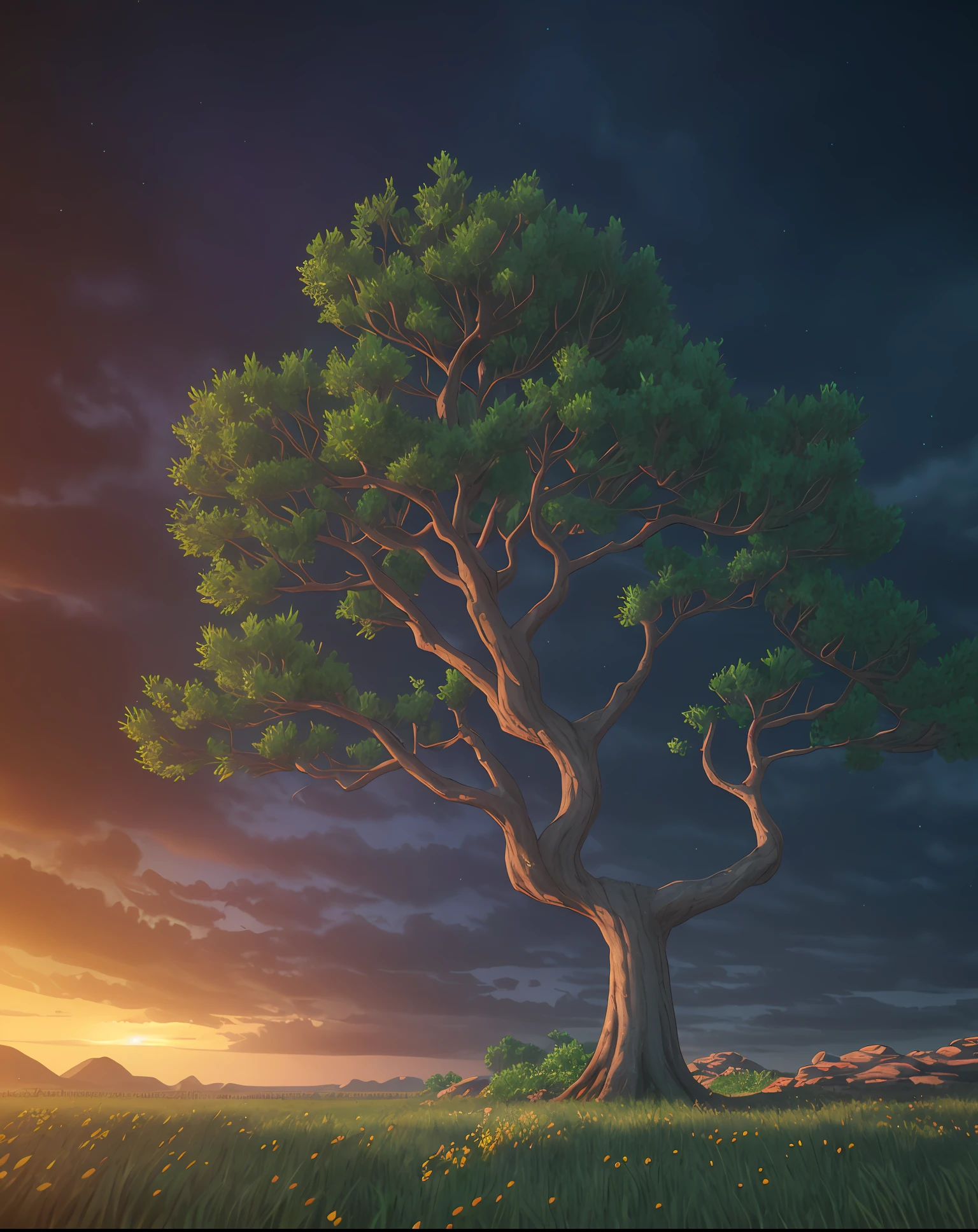 A quiet place, very pleasant, aesthetic, calm, landscaped. tree of life, thick and twisted trunk, day dawning, photorealistic, 8k uhd, studio quality, ultra realistic, post-processing, realistic, photorealism, photoshop, landscape photography, wide-angle lens, detailed, cinematic lighting, landscape, panoramic, landscape, raytracing, cinema4d