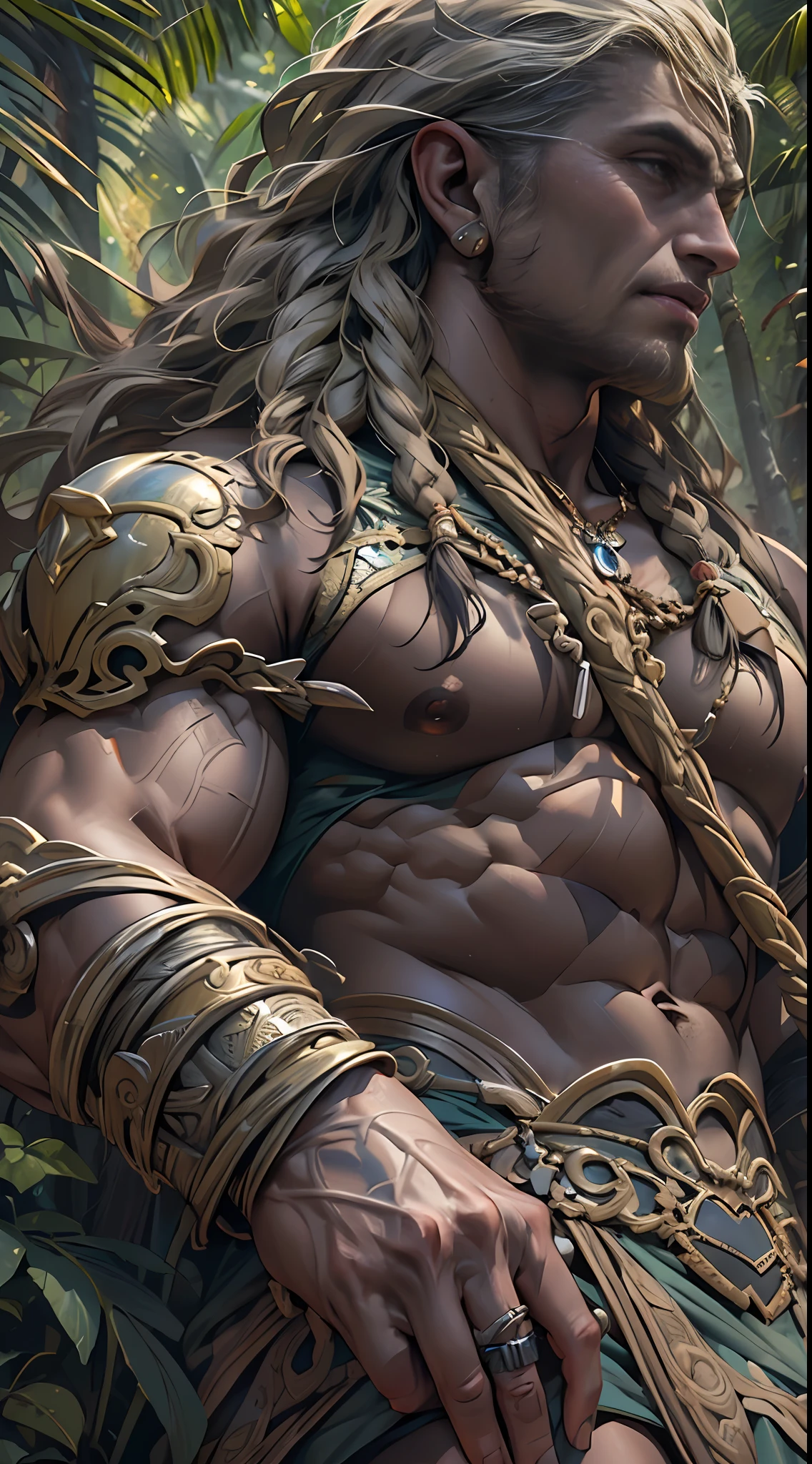 Sculpted warrior, exposed upper torso, legs bared from thighs to feet, flowing long curls, intricate muscular details, photorealistic depiction, 4K resolution. Background: Ancient temple ruins in a lush jungle,32k uhd, best quality, masterpiece, super detail, high details