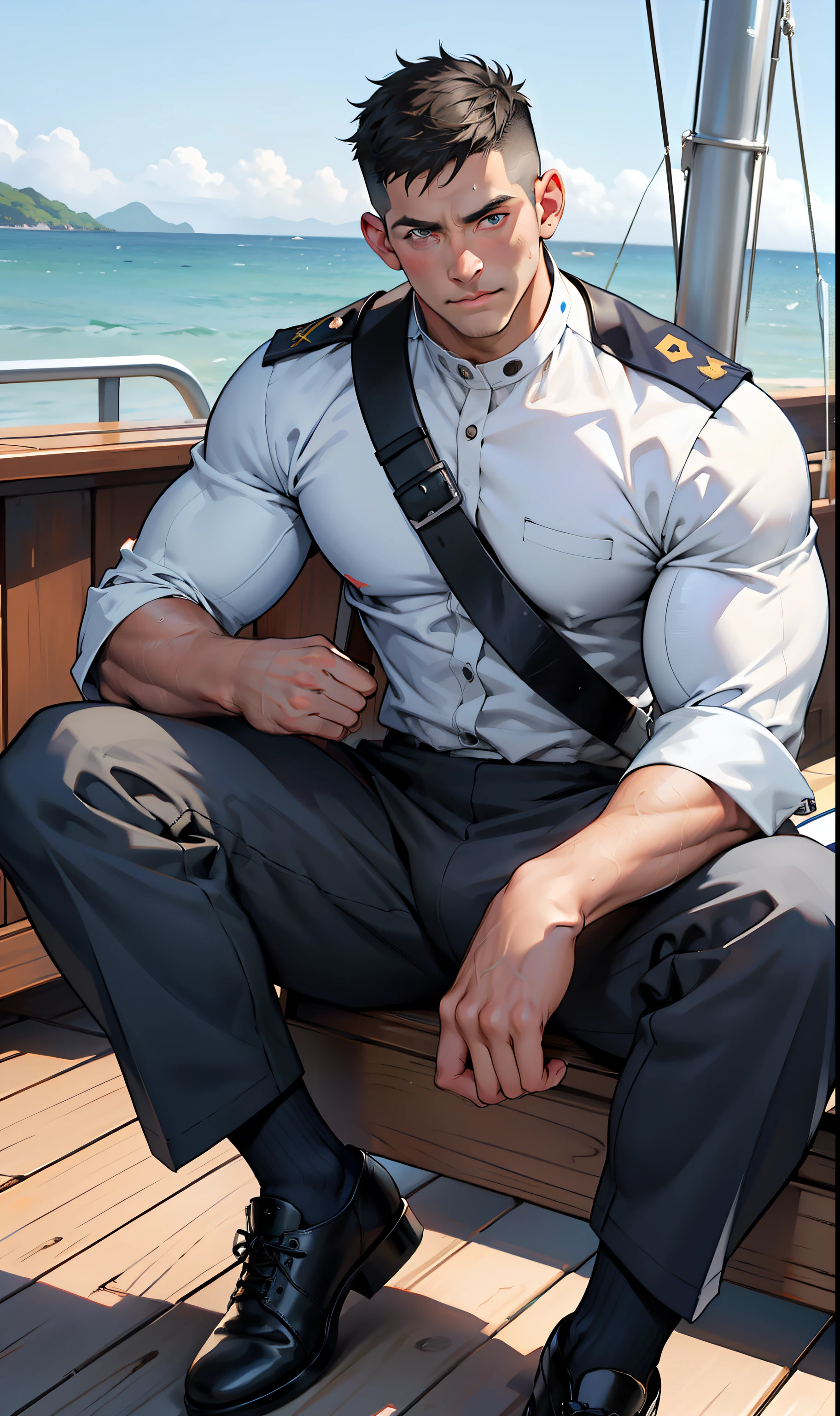 masterpiece, best quality, face, natural eyes, 1man, european, big feet, black socks, full body, large bulge, long legs, looking at viewer, 30 years old, muscled and mature, sea, a navy soldier, white navy army uniform, wearing balck leather shoe, short haircut, sitting on a ship deck with legs streched, deck, ship, sea, ship deck, blue eyes, flush, organism, face covered with white fluids, sweating, tight cloth, erecting
