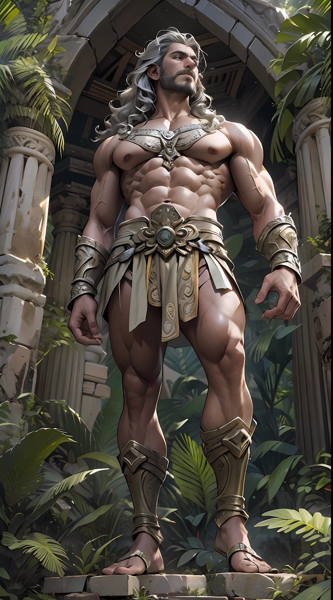 Sculpted warrior, exposed upper torso, legs bared from thighs to feet, flowing long curls, intricate muscular details, photorealistic depiction, 4K resolution. Background: Ancient temple ruins in a lush jungle,32k uhd, best quality, masterpiece, super detail, high details