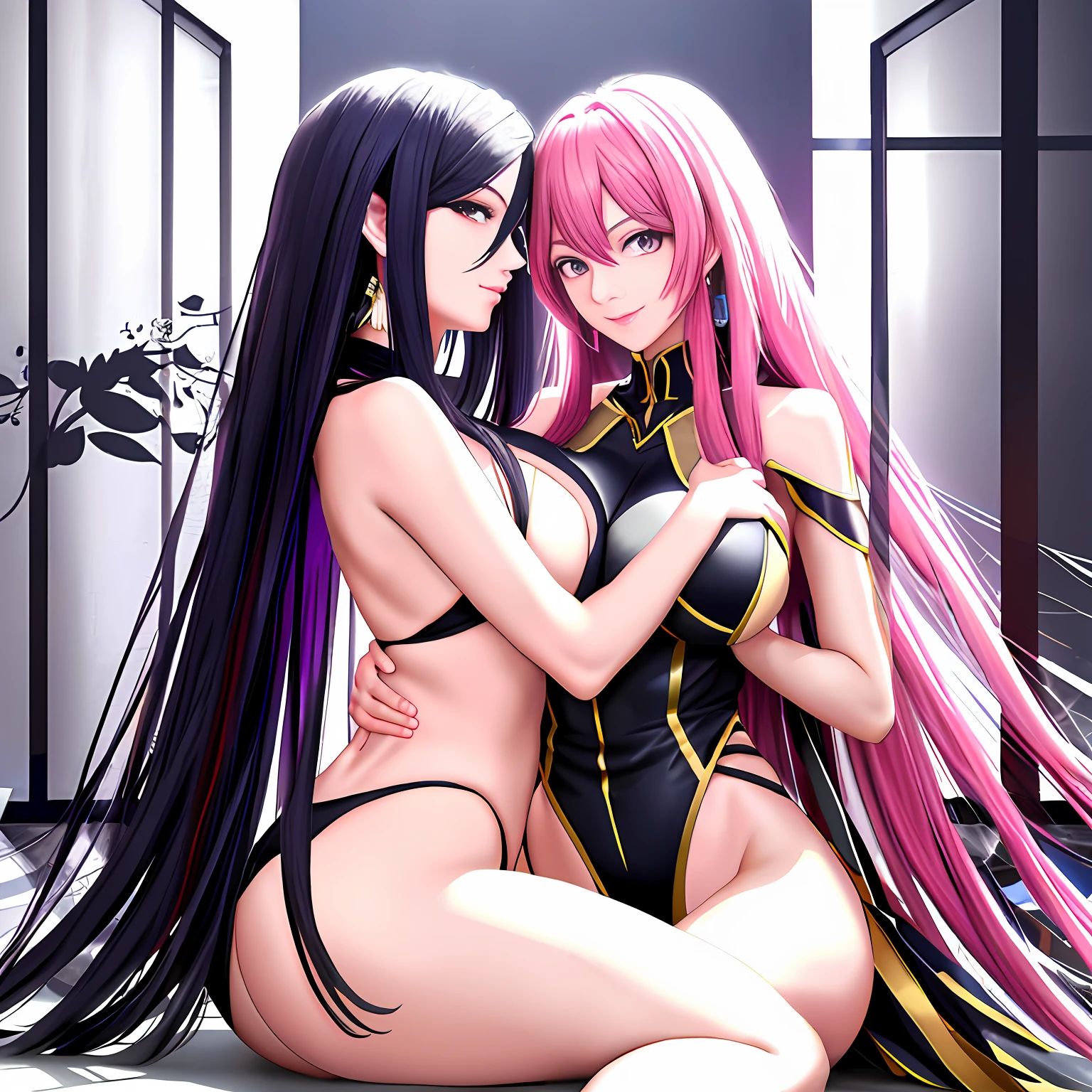 Anime artwork，tmasterpiece，8K quality，hyper HD，Epic anime art，A man and a woman hugged together，A couple，full bodyesbian，bareness，Indoors，ssmile，blissful，Love，Realistic light and shadows，Realistic action，Realistic expressions，y art