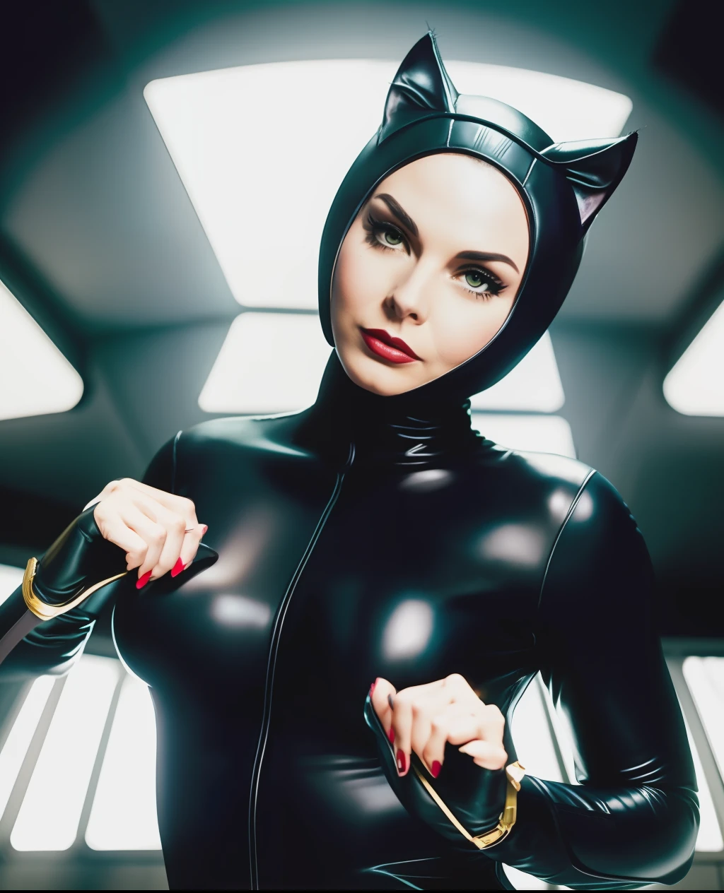 Catwoman grooving, wearing a full body suit, soft shadows, clean sharp focus, no contrast, film photography, professional color grading