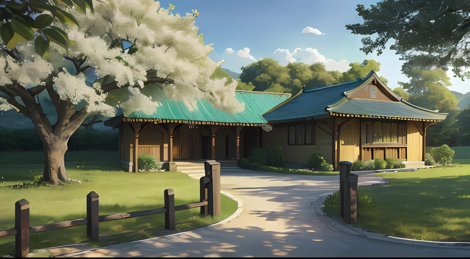 tmasterpiece，Best quality at best，high qulity，非常详细的 CG 统一 8k 壁纸，Giant cyan tree of surrealism，In a futuristic prehistoric village，Splashing water，lens flare glow，sunshaft，Fluffy clouds，ultra - detailed，HDR，blooms，真实感，Super detailed and quiet orchard，Outside, you can see the surrounding fence and some of the exposed fruit tree trunks and leaves，The ecology is good，You can see butterflies and crickets，Open the door and go inside，Various fruit trees that enter the eye，There are apple trees，grapevine，Peach tree，cherry tree，pear，Chestnut trees grow separately，Fine end amount，There is also a gravel road on the ground，The gravel road leads to a small but elaborate wooden house，Outside the house there is a rattan swing and an open-air balcony，It's a good place to feel，It is possible to empty everything，Wide-angle lens for partial close-up，At the same time, big scenes are needed，HD 1080P quality，The tones are pastel，Dark green or dark green is more，Yellow tones are interspersed