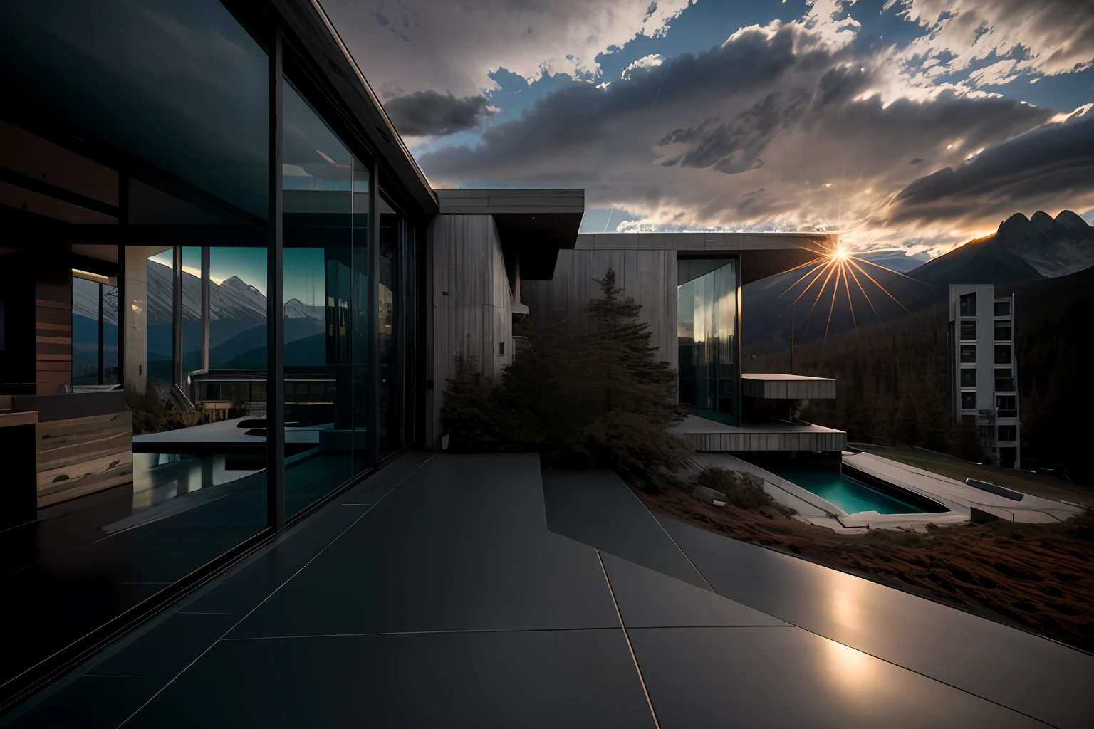 RAW photo, nature, epic futuristic building in the center, dark, fade, warm, glow at sunset , raw, hdr, (mountains:1.3), traveler clothes, standing in the forest, natural skin, 8k uhd, high quality, film grain, Fujifilm XT3, cinematic, slate grey, dramatic light, architecture,