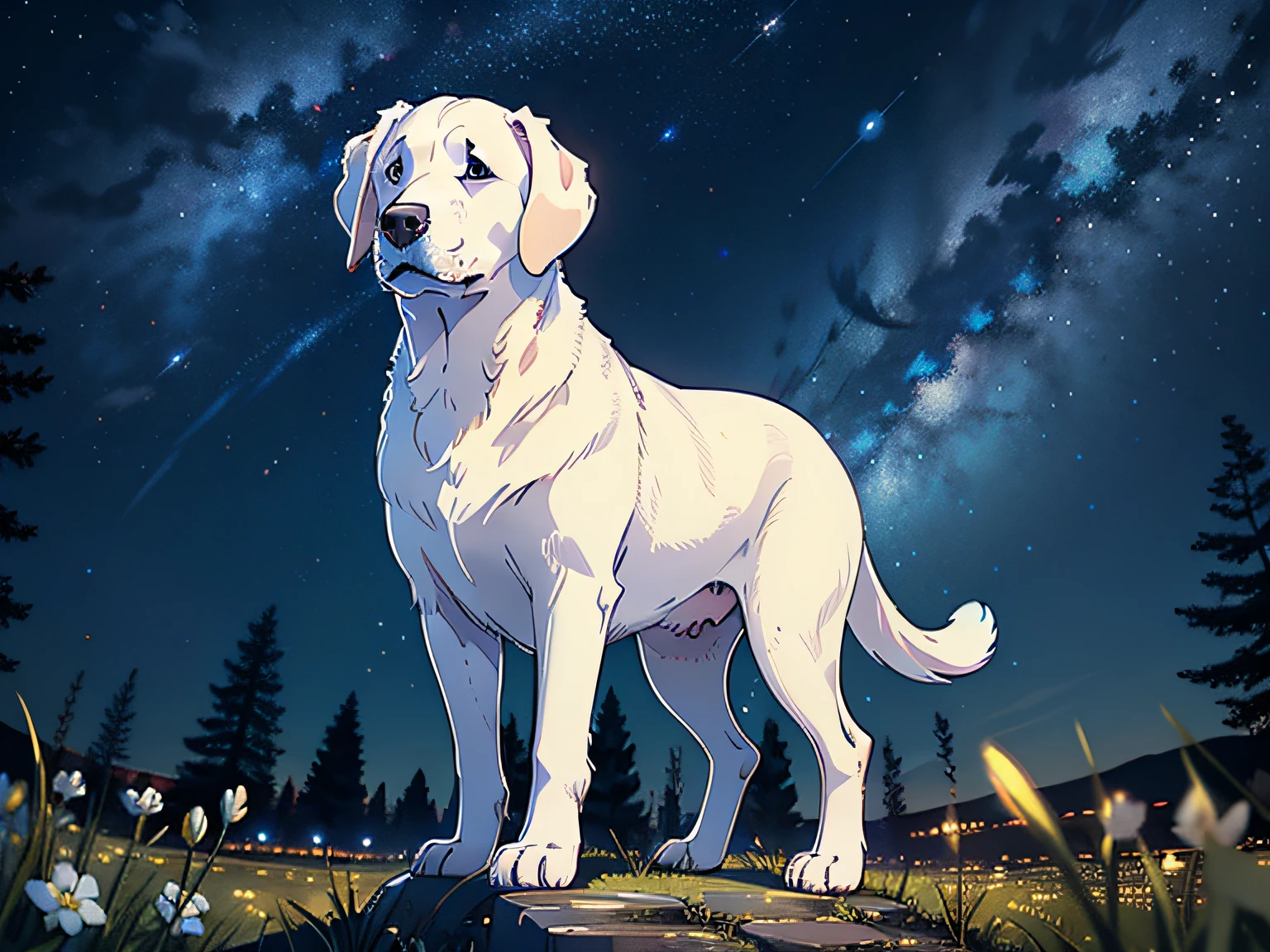 A white Labrador,The background is starry sky,
