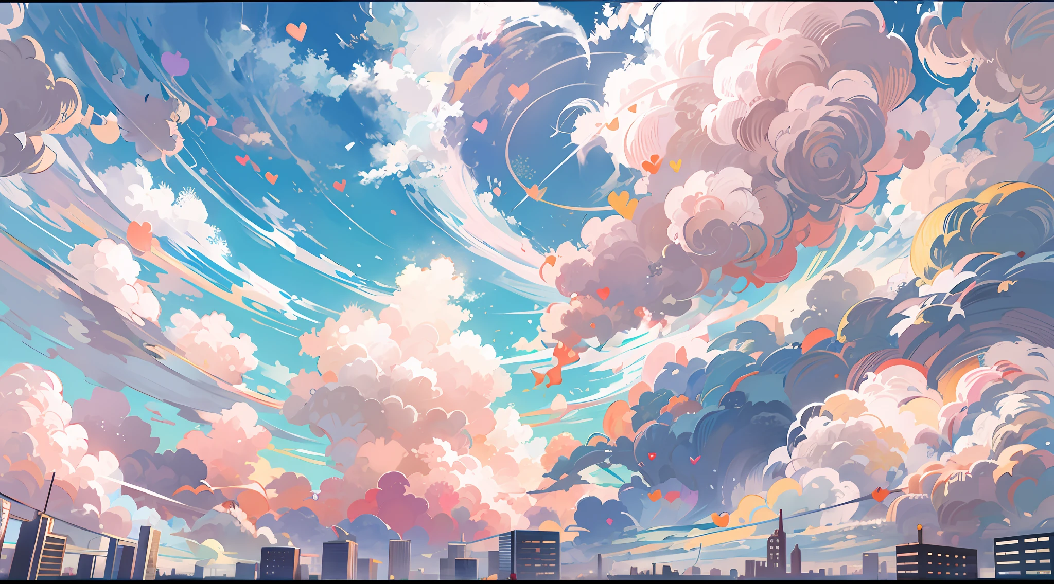 octans,Skysky,Blue sky),Heart-shaped clouds(Heart-shaped),scenecy,in the early morning,((Faraway view)),独奏,exteriors,clouds(Heart-shaped),galactic,城市,siluette,view over city,Picture quality HD,
