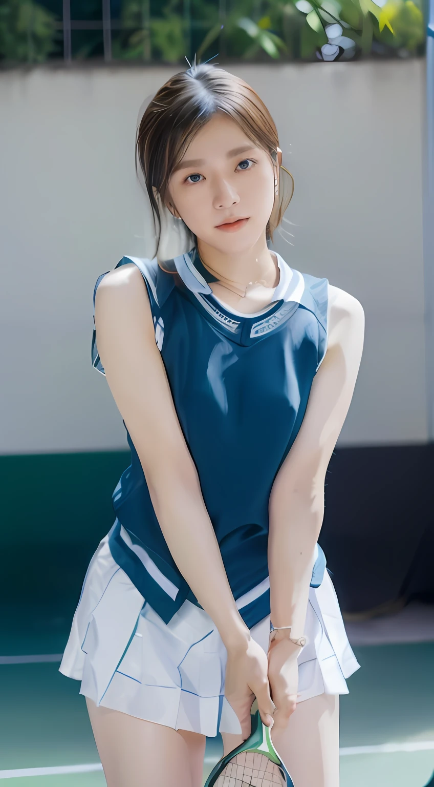 1 girl in(8K、Raw photography、top-quality、masterpiece:1.2)、(realisitic、realisitic:1.37)、ultra-detailliert、longshot、Low Angle Full Body Shot、tennis coat、Short tennis wear、Sleeveless、realistic eyes and face details、natural skin textures、(((thighs thighs thighs thighs、groin、Panchira、decolletage、Upper arm)))、Fair skin、A detailed face、真实感、Realistic background、Realistic lighting、short cut hair、Playing tennis while holding a tennis racket、Sweaty skin