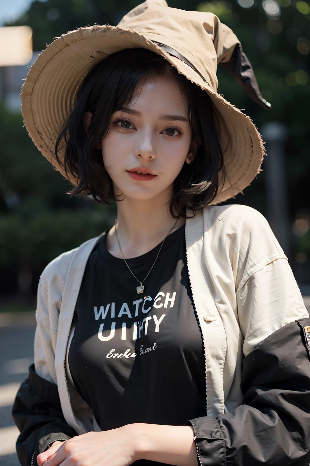 photo of  18yo girl, short hair, (black hair:1.2), wearing an black shirt and levis jacket, witch hat,
best quality, realistic, photorealistic, (intricate details:1.2), (delicate detailed), (cinematic light), clear line, sharp focus, realistic face, detailed face
unity 8k wallpaper, ultra high res, (photorealistic:1.4), looking at viewer,