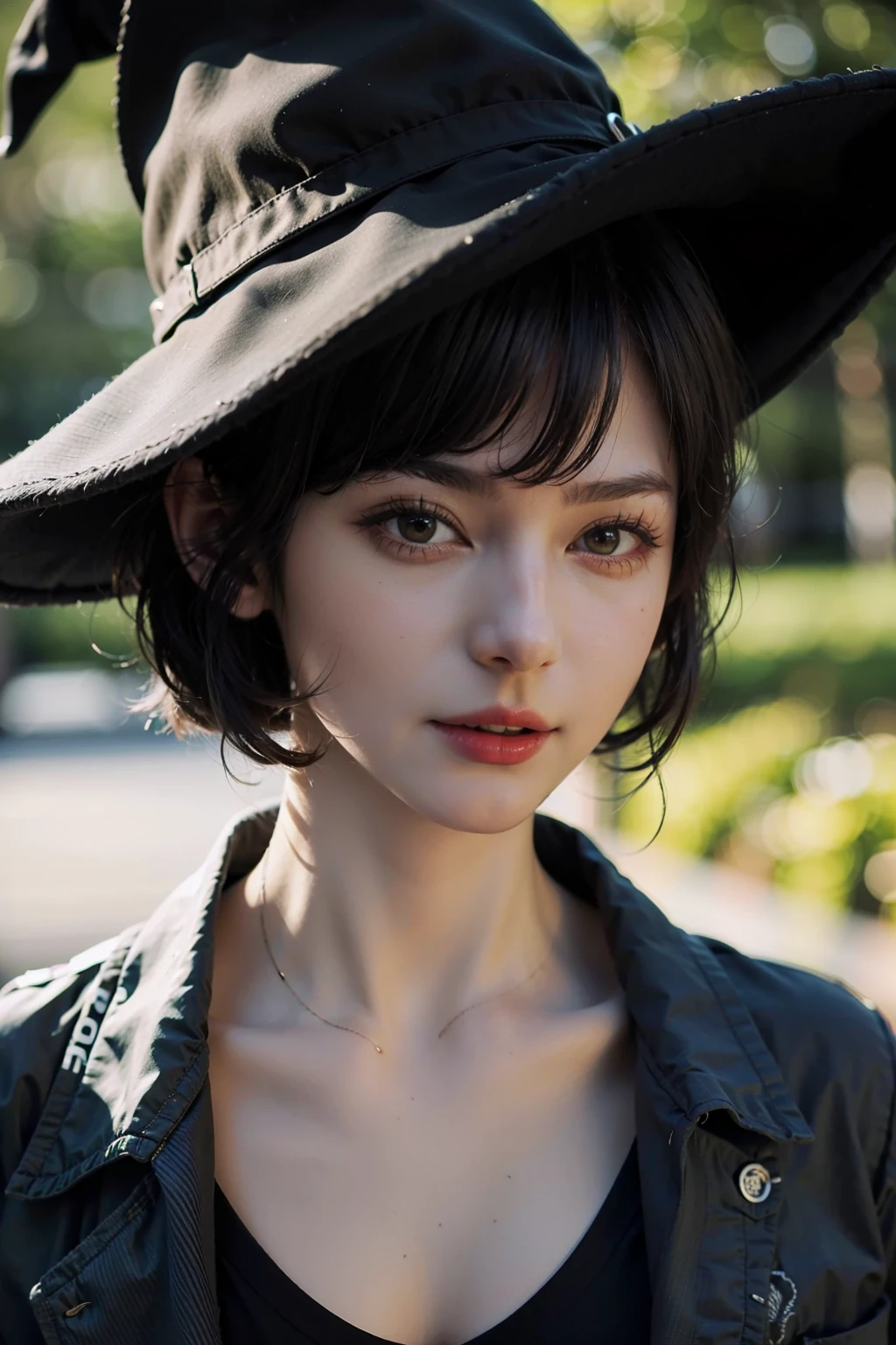 photo of 18yo girl, short hair, (black hair:1.2), wearing an black shirt and levis jacket, witch hat,
best quality, realistic, photorealistic, (intricate details:1.2), (delicate detailed), (cinematic light), clear line, sharp focus, realistic face, detailed face
unity 8k wallpaper, ultra high res, (photorealistic:1.4), looking at viewer,