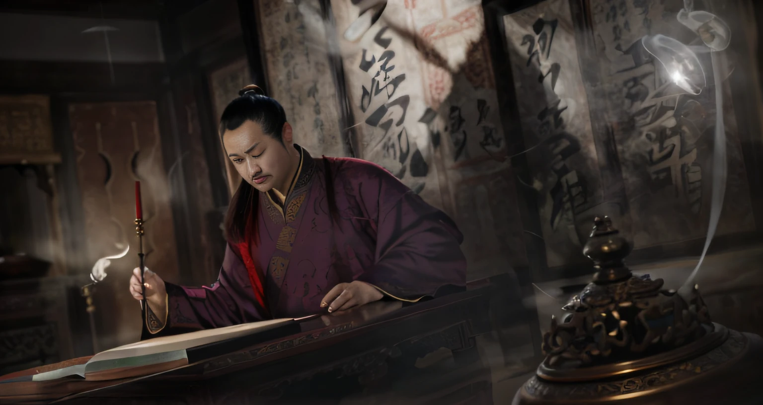 There was a middle-aged man writing on a piece of paper,,Ancient Chinese men,Robe,oil lamp, three kingdom,inspired by Wu Daozi, inspired by Zhang Sengyao, Inspired by Cao Zhibai, by Yang J, inspired by Dong Yuan, inspired by Wu Zuoren, Inspired by Fenghua Zhong, inspired by Zhang Wo, inspired by Ma Shi, G Liulian art style