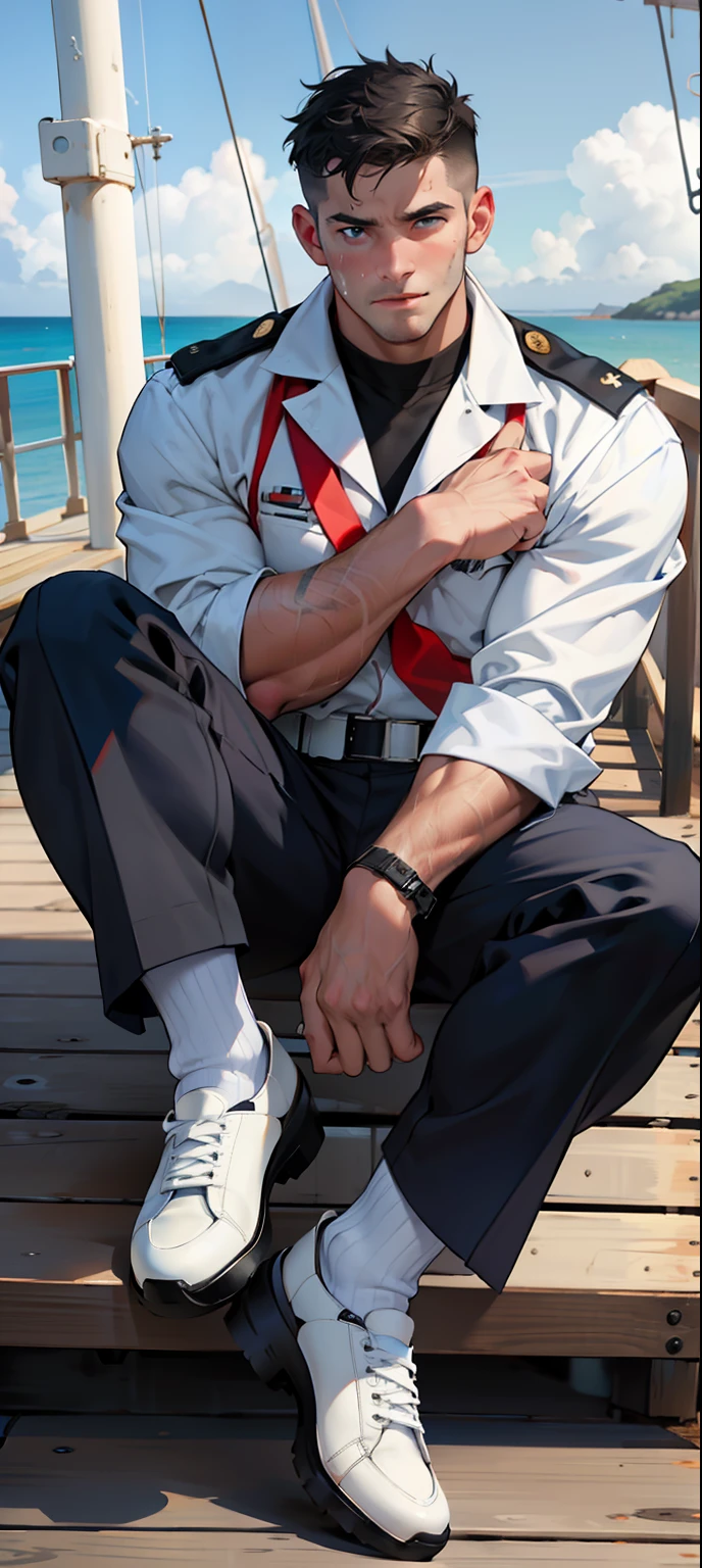 masterpiece, best quality, face, natural eyes, 1man, european, big feet, black socks, full body, large bulge, long legs, looking at viewer, 30 years old, muscled and mature, sea, a navy soldier, white navy army uniform, wearing balck leather shoe, short haircut, sitting on a ship deck with legs streched, deck, ship, sea, ship deck, blue eyes, flush, organism, face covered with white fluids, sweating, tight cloth, erecting